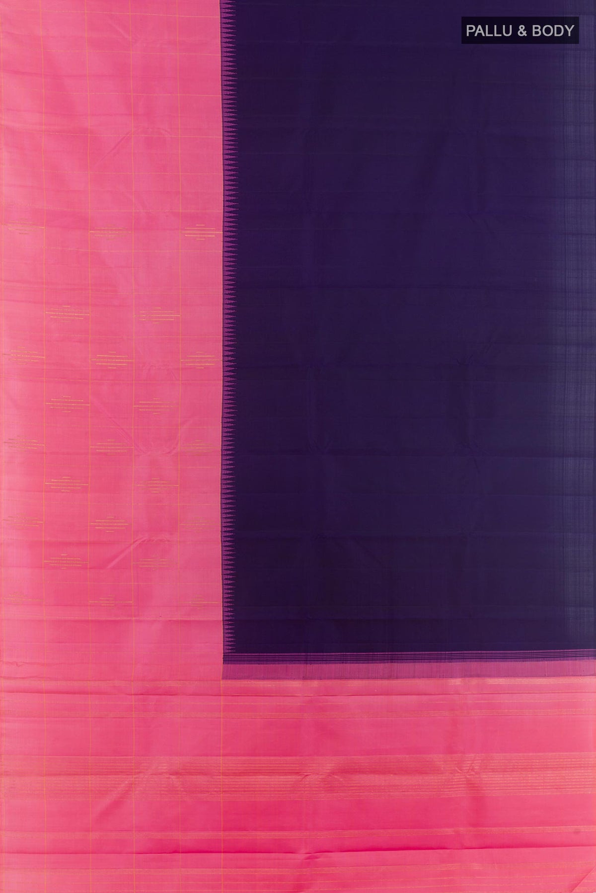 Flat view of Blue Kanchipuram Silk Saree with Plain Body and Zari Border. 