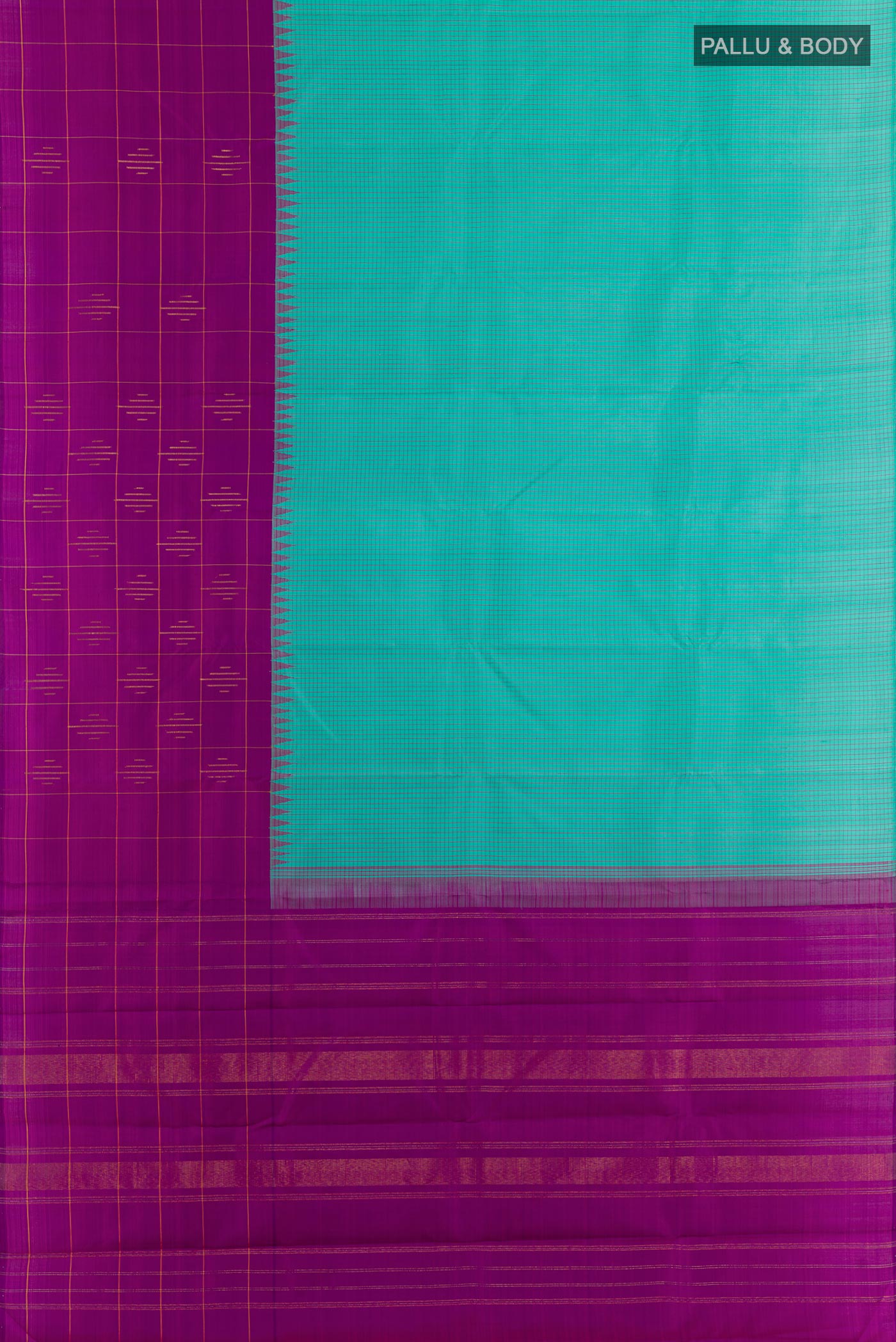 Flat view of Sea Green Kanchipuram Silk Saree with Checked design on the body and Zari Border. 