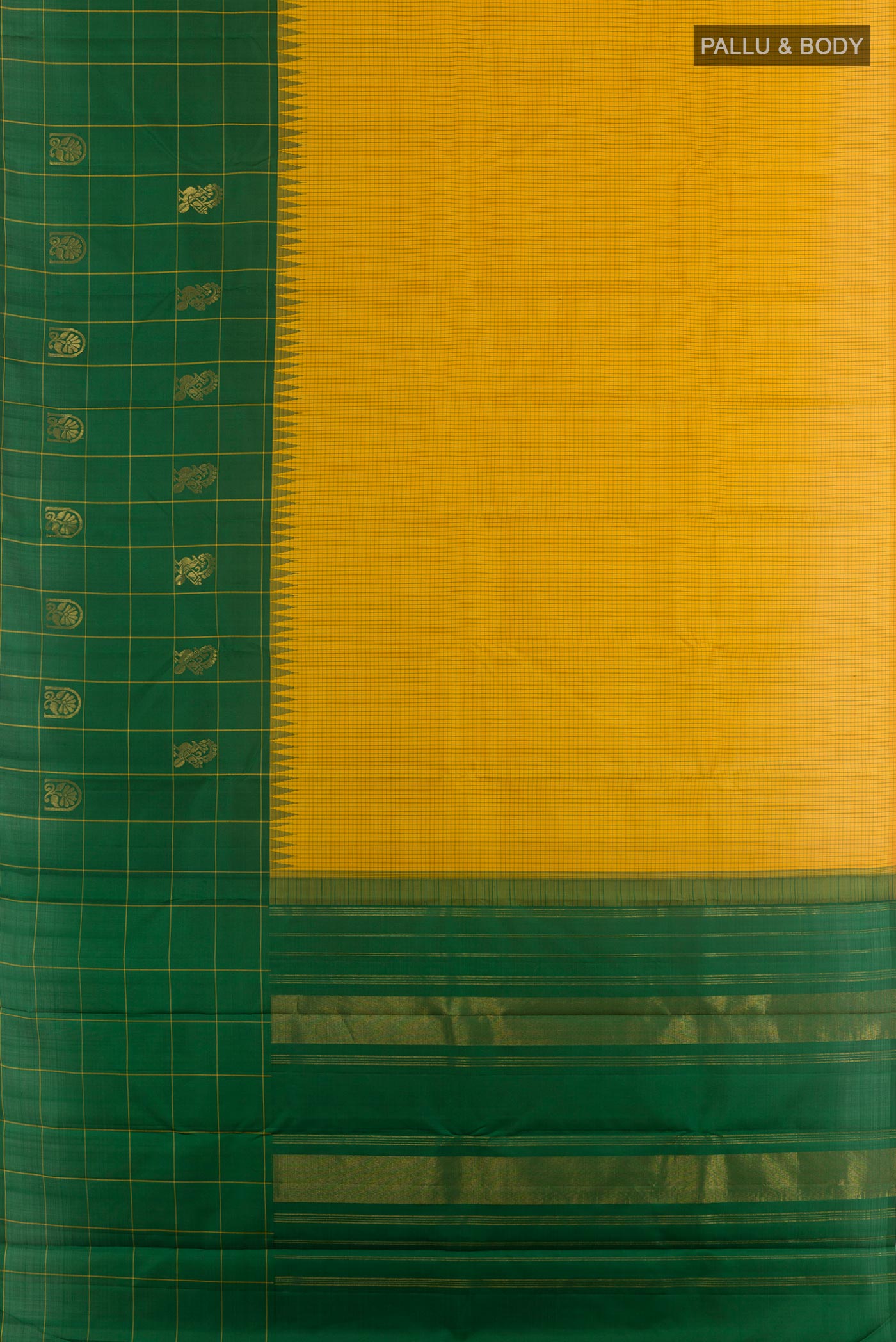 Flat view of Yellow Kanchipuram Silk Saree with Checked design on the body and Zari Border. 