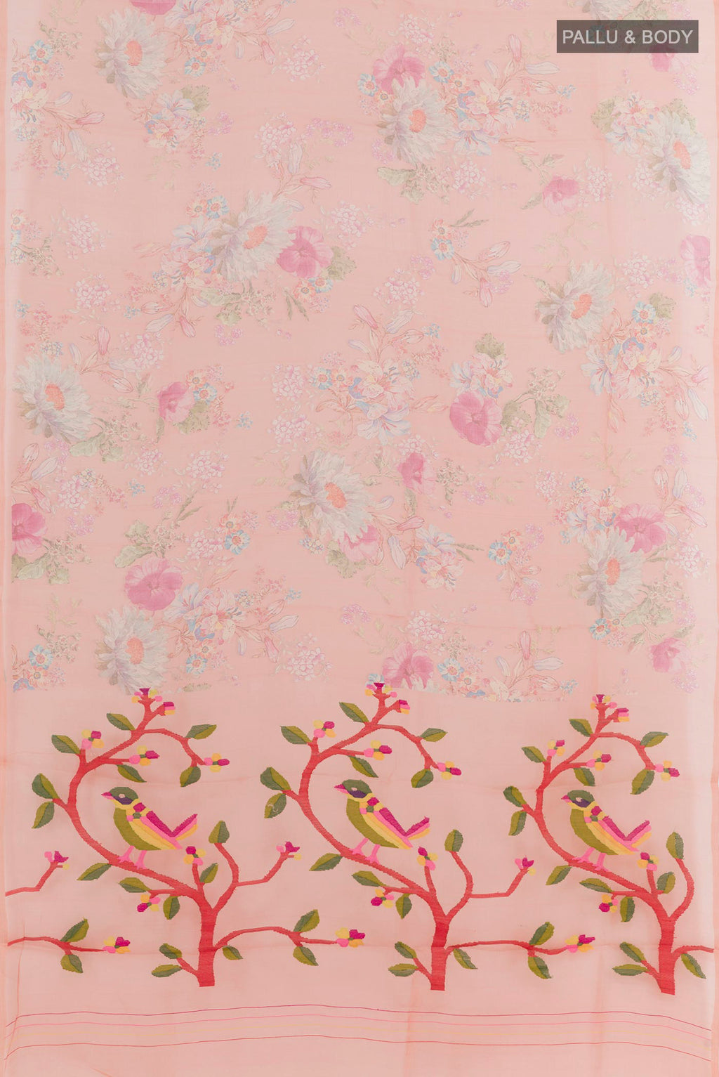 Flat view of Pink Organza Silk Saree with Printed design on the body and Zari Border. 