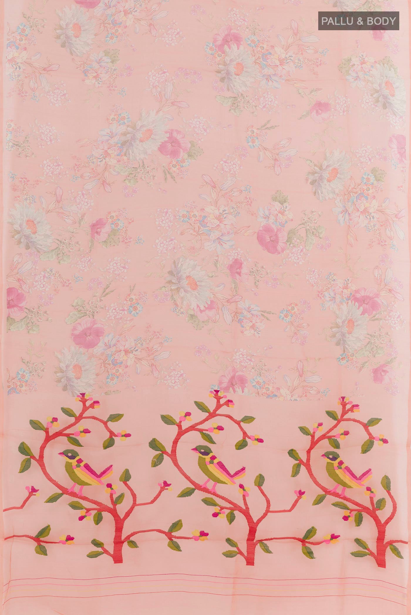 Flat view of Pink Organza Silk Saree with Printed design on the body and Zari Border. 