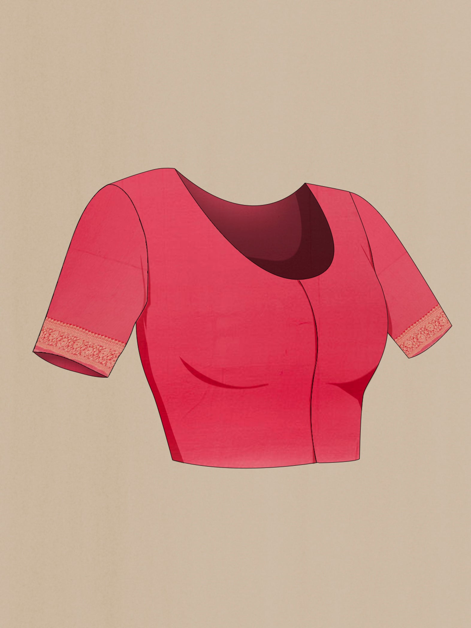 Close up image of the blouse of Red Banarasi Georgette Saree with Zari Brocade on the body and Zari Border. 