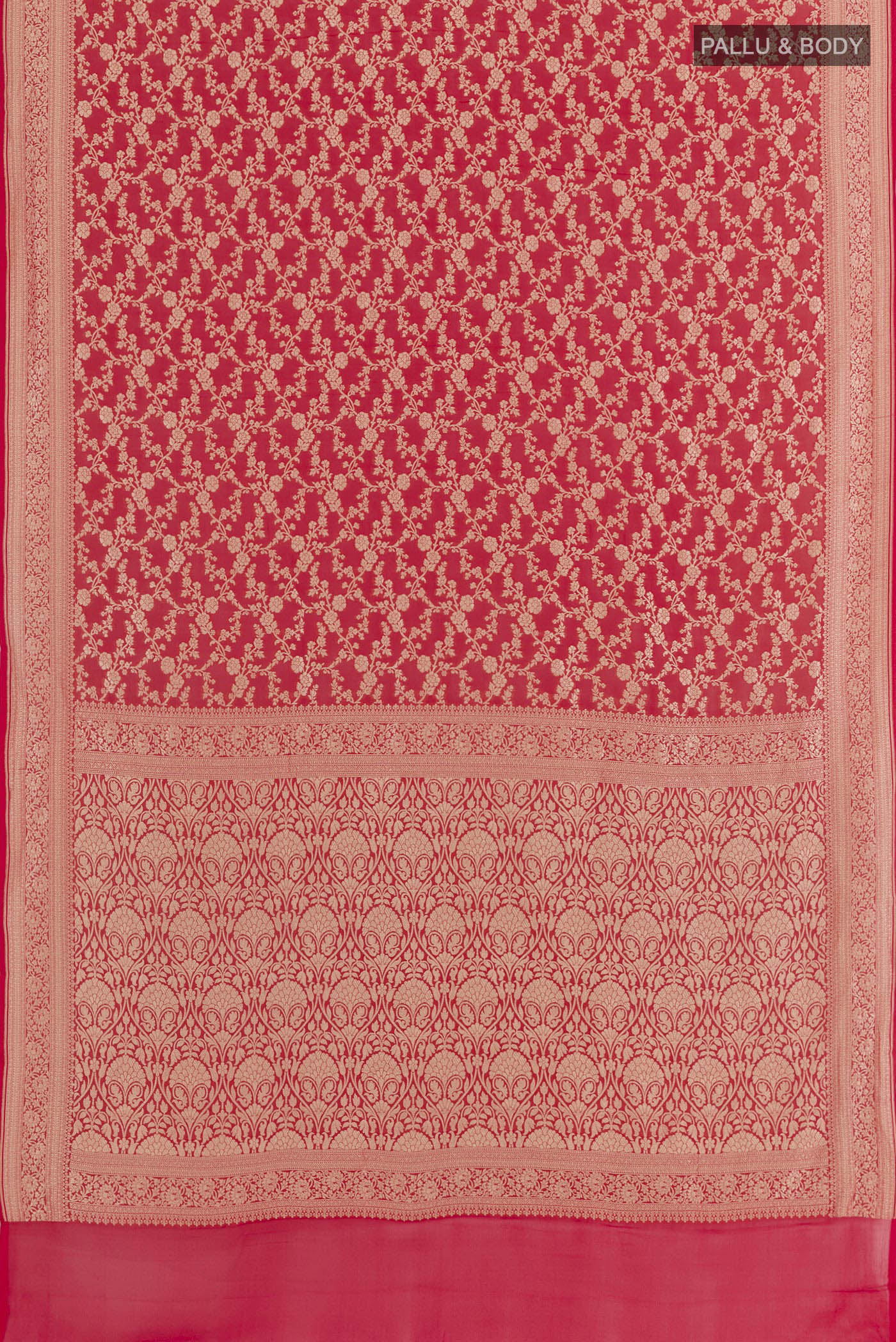 Flat view of Red Banarasi Georgette Saree with Zari Brocade on the body and Zari Border. 