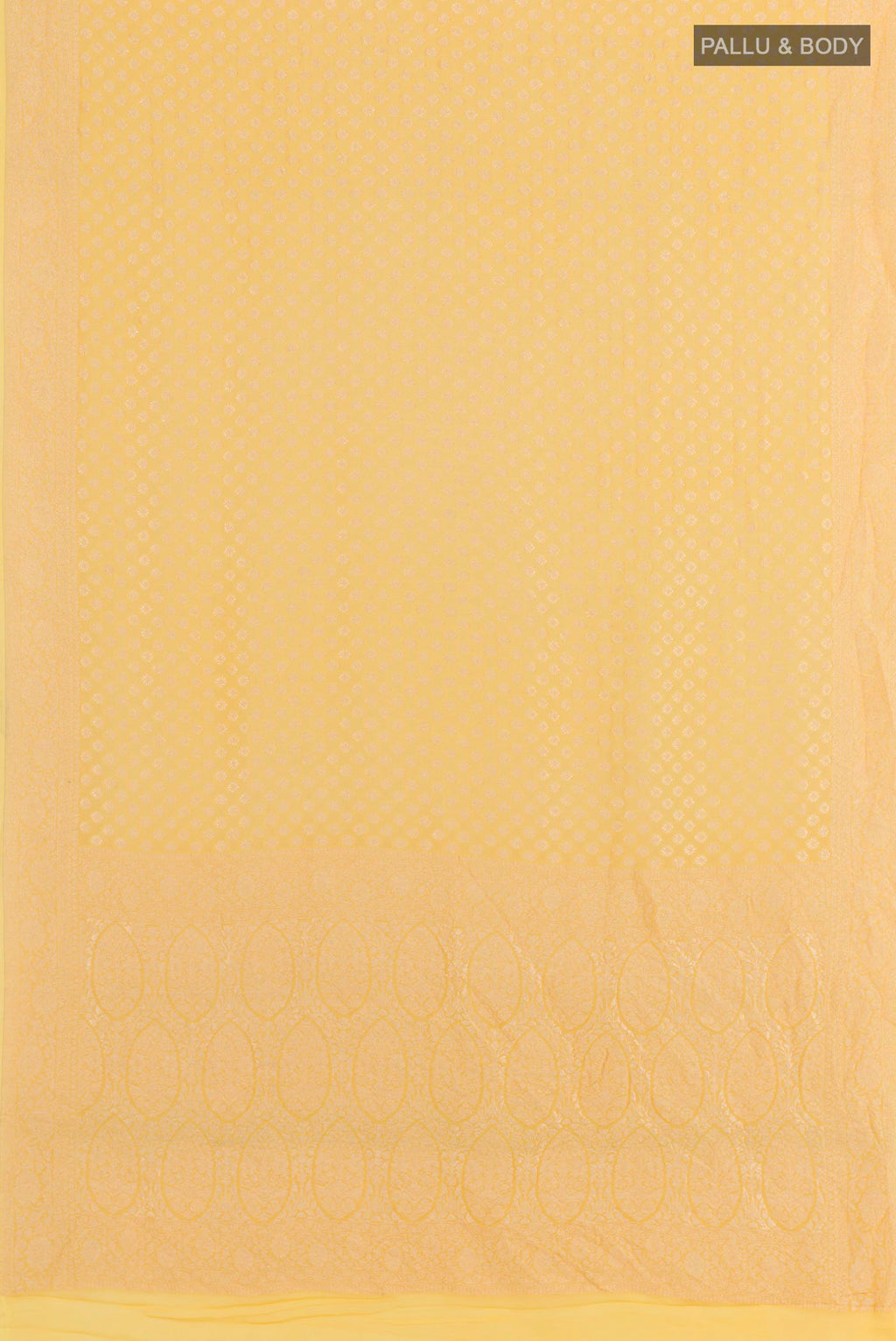 Flat view of Yellow Banarasi Georgette Saree with Zari Butta on the body and Zari Border. 