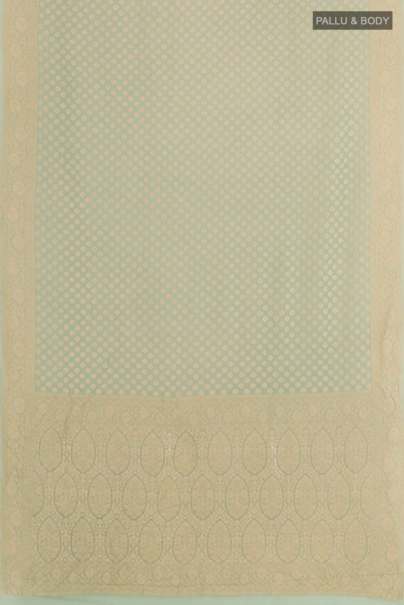 Flat view of Mint Green Banarasi Georgette Saree with Zari Butta on the body and Zari Border. 