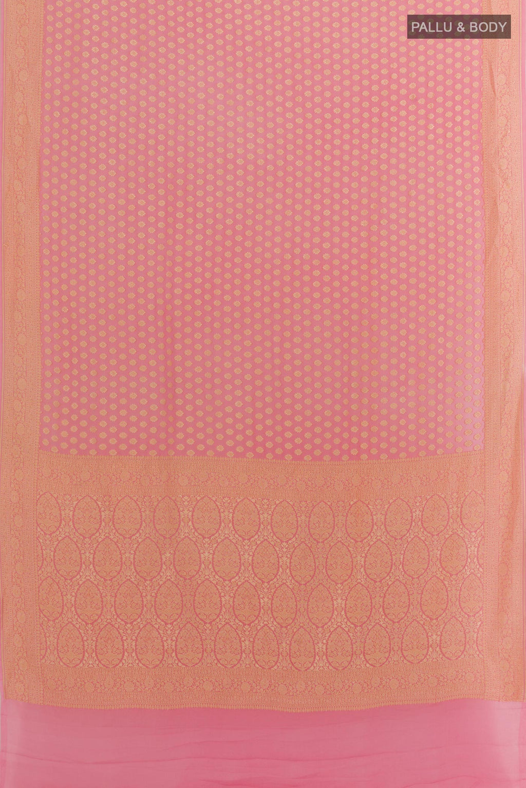 Flat view of Rose pink Banarasi Georgette Saree with Zari Butta on the body and Zari Border. 