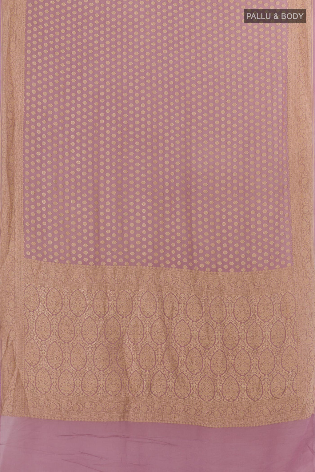 Flat view of Lavender Banarasi Georgette Saree with Zari Butta on the body and Zari Border. 