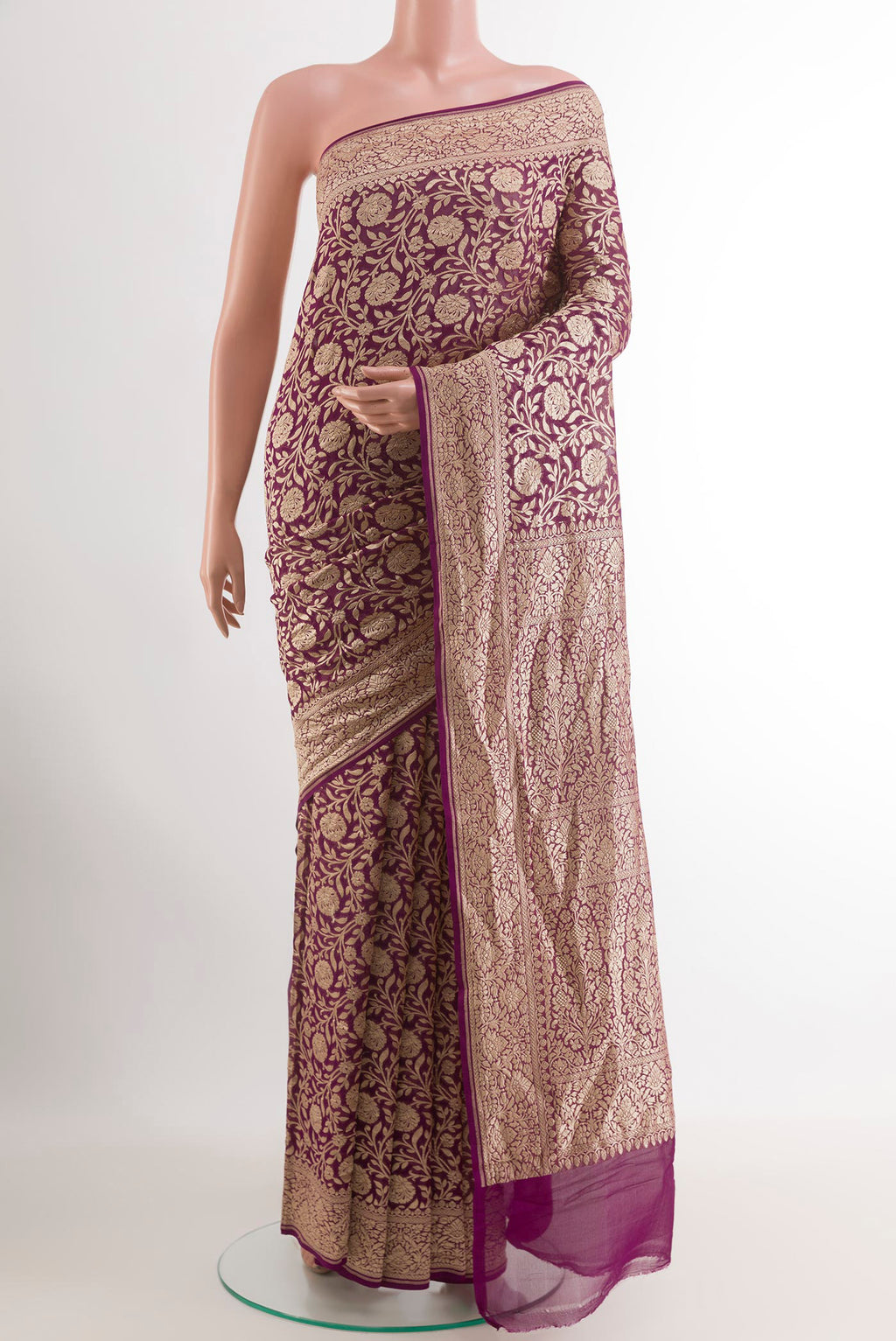 Purple Banarasi Georgette Saree with Zari Brocade on the body and Zari Border.  displayed on a mannequin