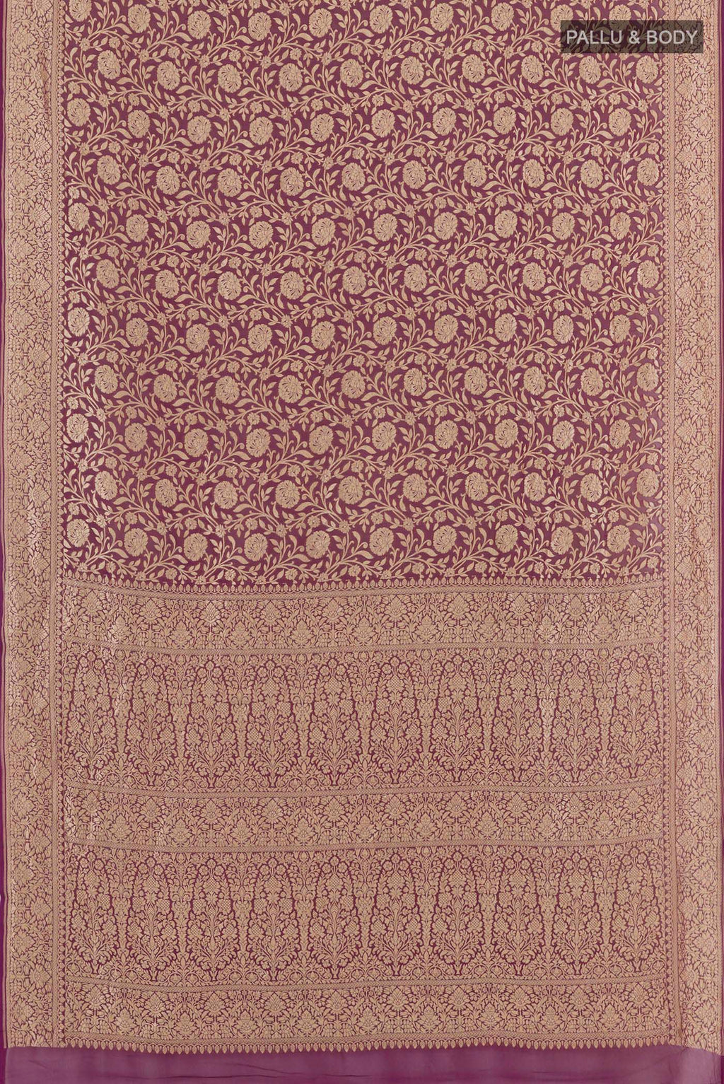 Flat view of Purple Banarasi Georgette Saree with Zari Brocade on the body and Zari Border. 