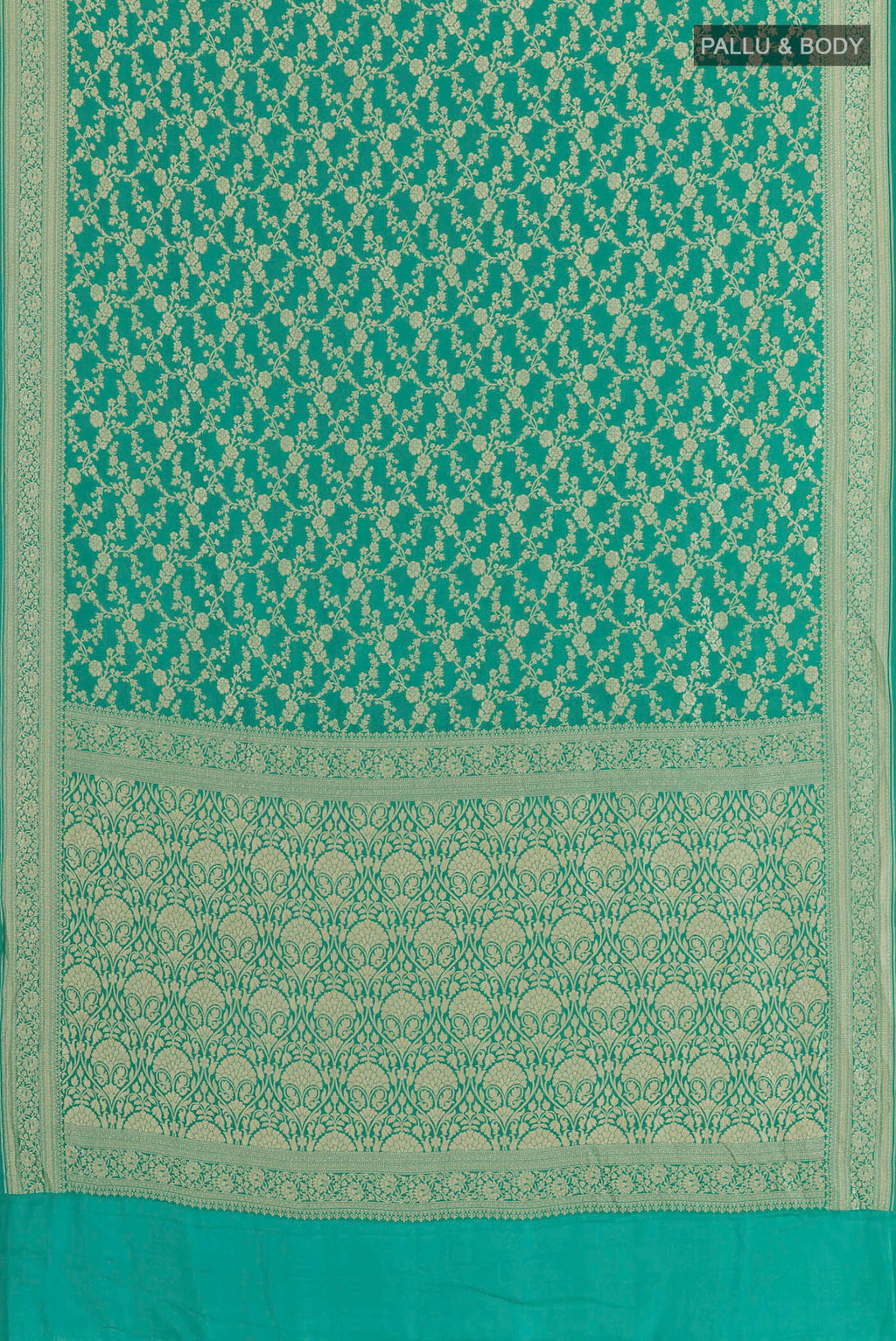 Flat view of Sea Green Banarasi Georgette Saree with Zari Brocade on the body and Zari Border. 