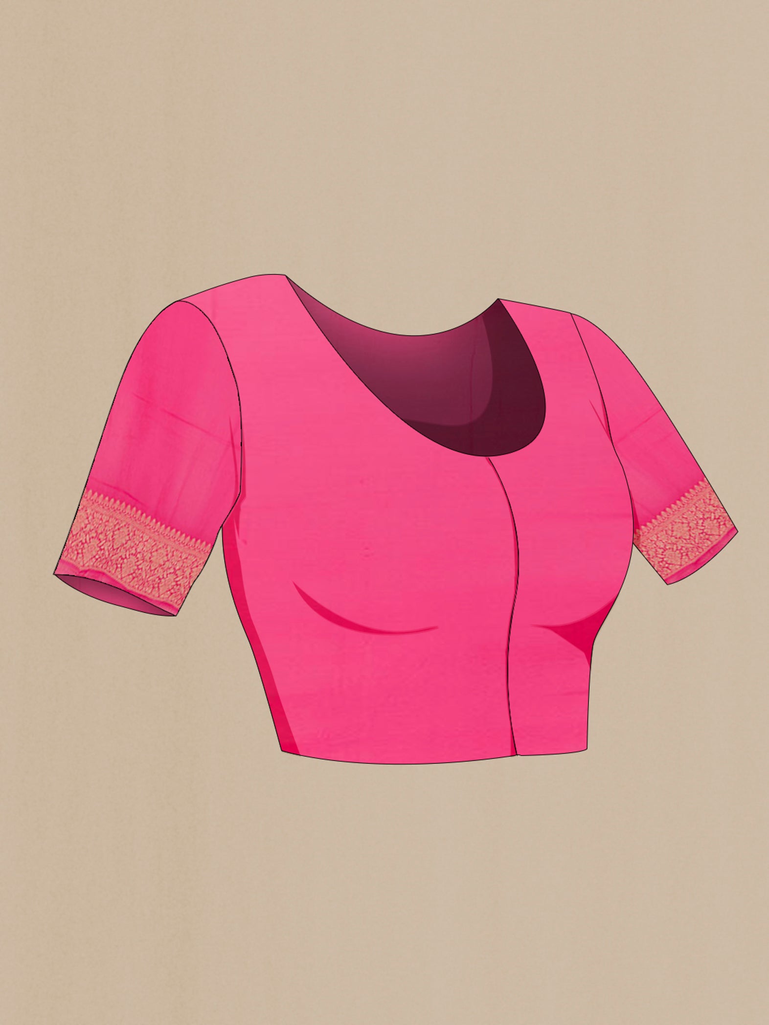 Close up image of the blouse of Pink Banarasi Georgette Saree with Zari Brocade on the body and Zari Border. 