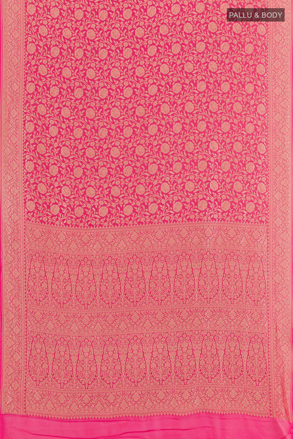 Flat view of Pink Banarasi Georgette Saree with Zari Brocade on the body and Zari Border. 