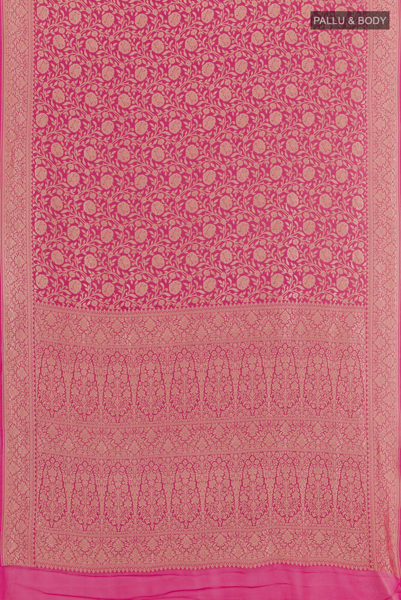 Flat view of Pink Banarasi Georgette Saree with Zari Brocade on the body and Zari Border. 