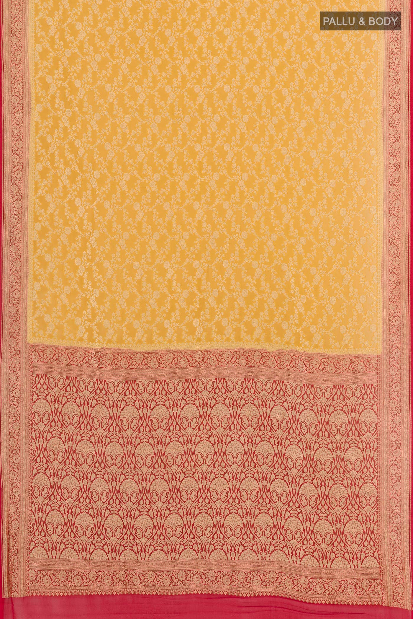 Flat view of Yellow Banarasi Georgette Saree with Zari Brocade on the body and Paithani Border. 