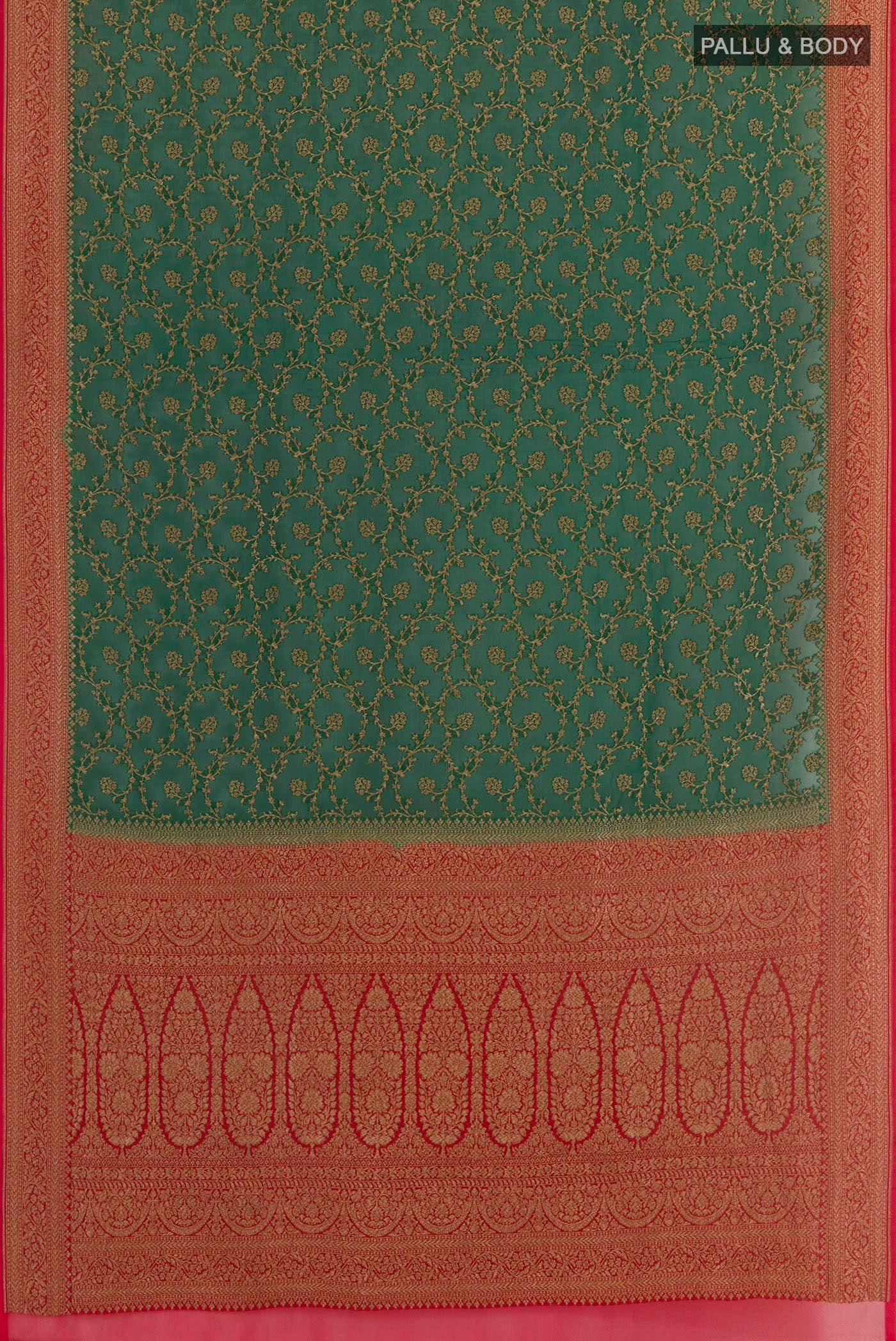 Flat view of Green Banarasi Georgette Saree with Zari Brocade on the body and Paithani Border. 