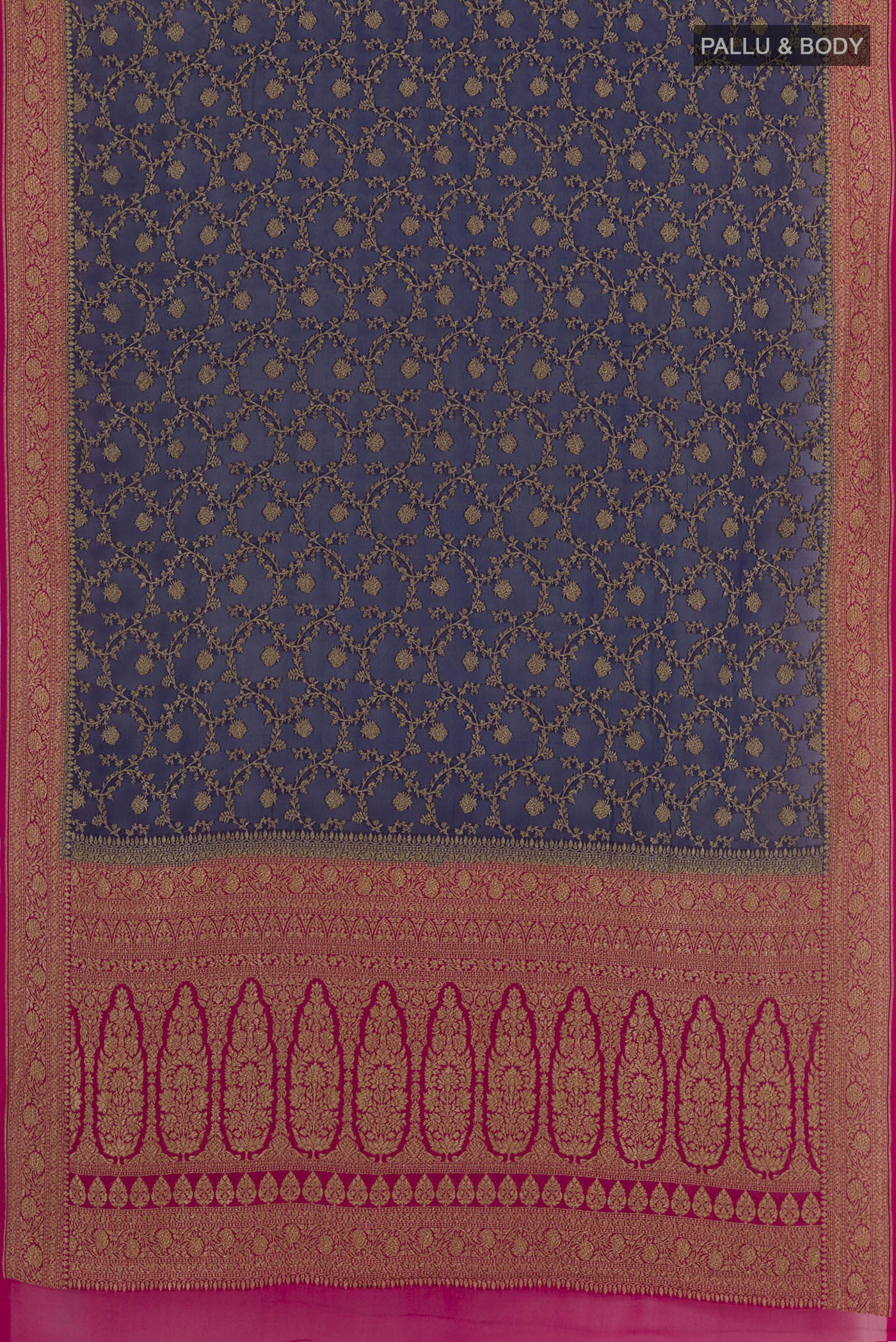 Flat view of Blue Banarasi Georgette Saree with Zari Brocade on the body and Paithani Border. 
