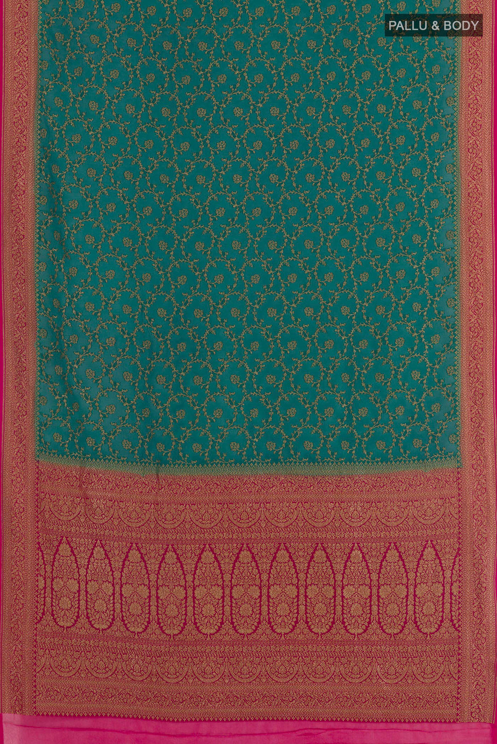 Flat view of Sea Green Banarasi Georgette Saree with Zari Brocade on the body and Zari Border. 