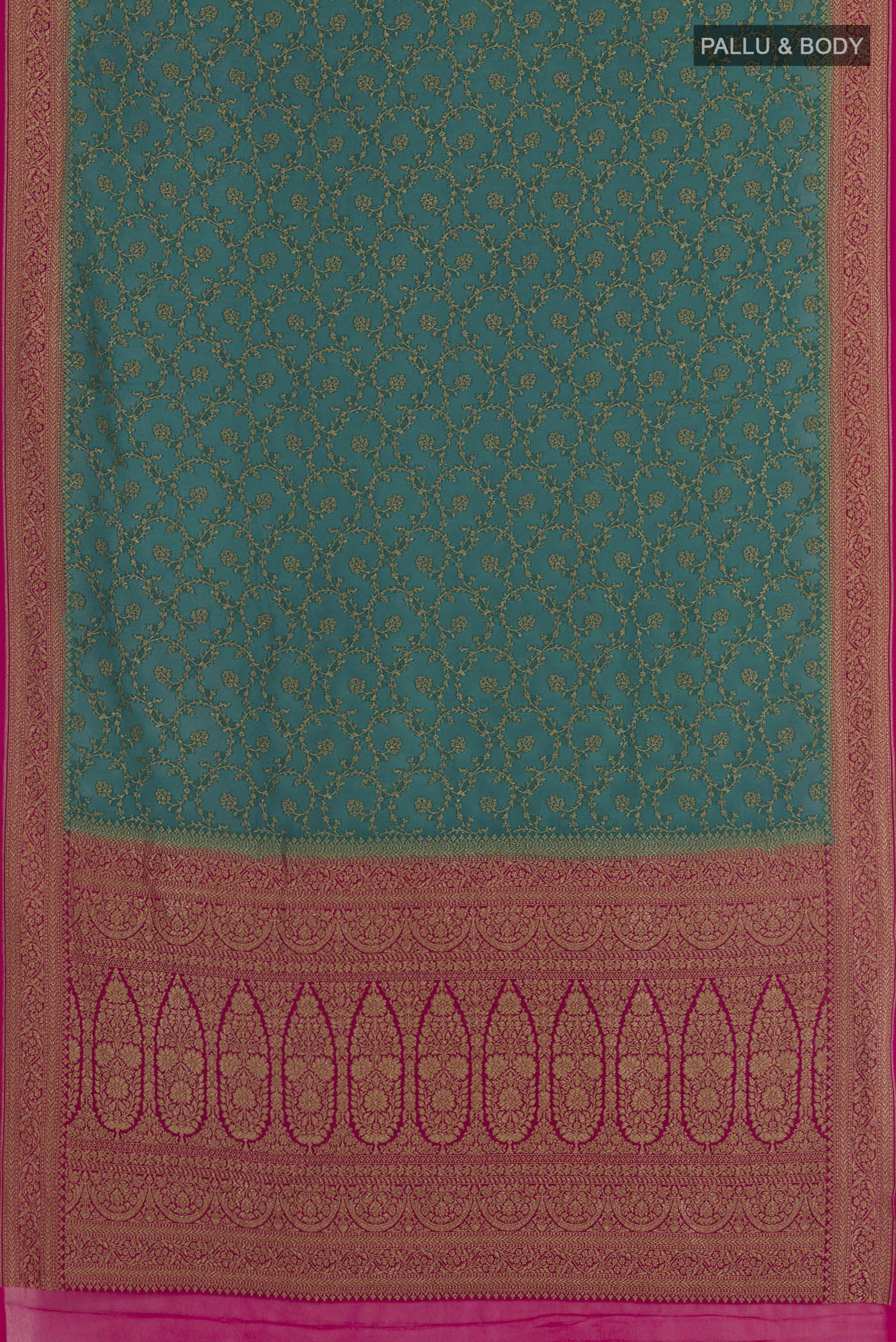 Flat view of Sea Green Banarasi Georgette Saree with Zari Brocade on the body and Zari Border. 
