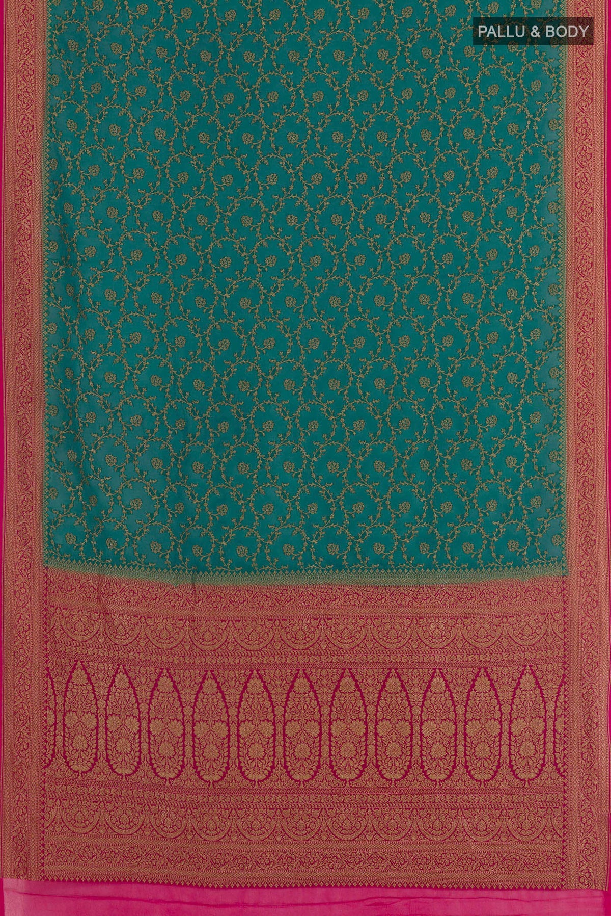 Flat view of Sea Green Banarasi Georgette Saree with Zari Brocade on the body and Zari Border. 