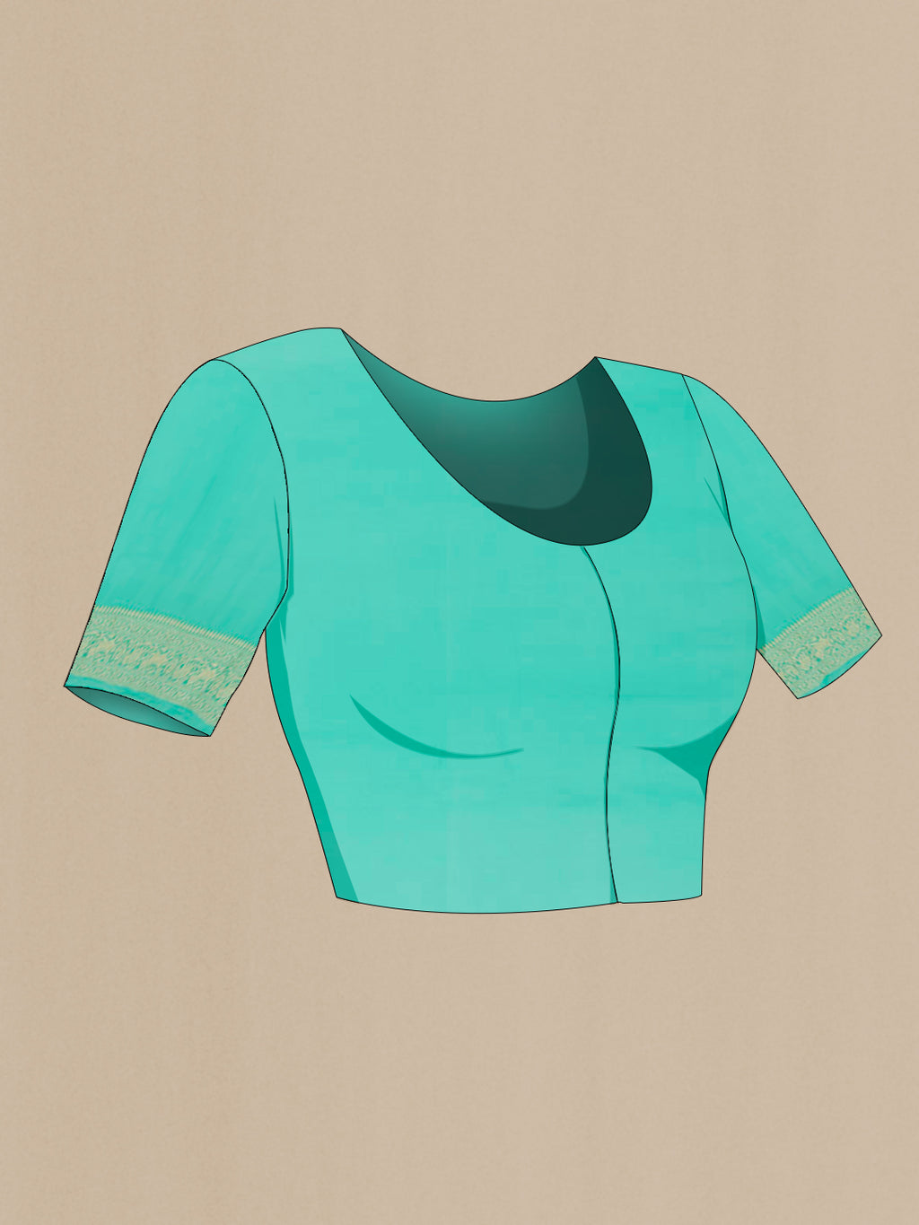 Close up image of the blouse of Turquoise Banarasi Georgette Saree with Zari Brocade on the body and Zari Border. 