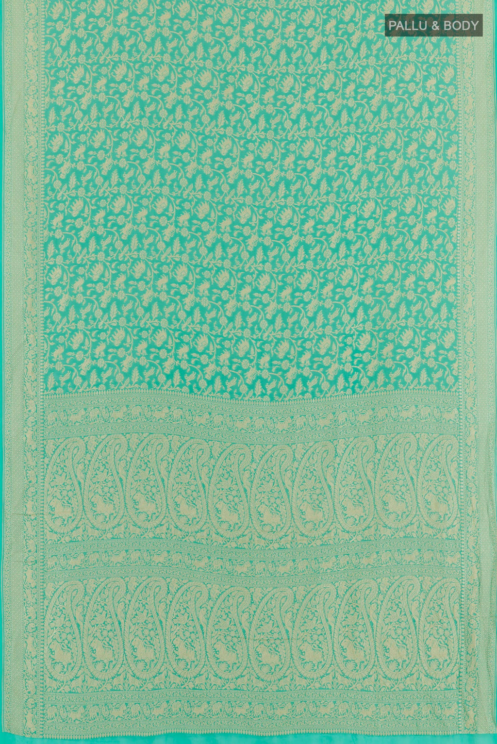 Flat view of Turquoise Banarasi Georgette Saree with Zari Brocade on the body and Zari Border. 