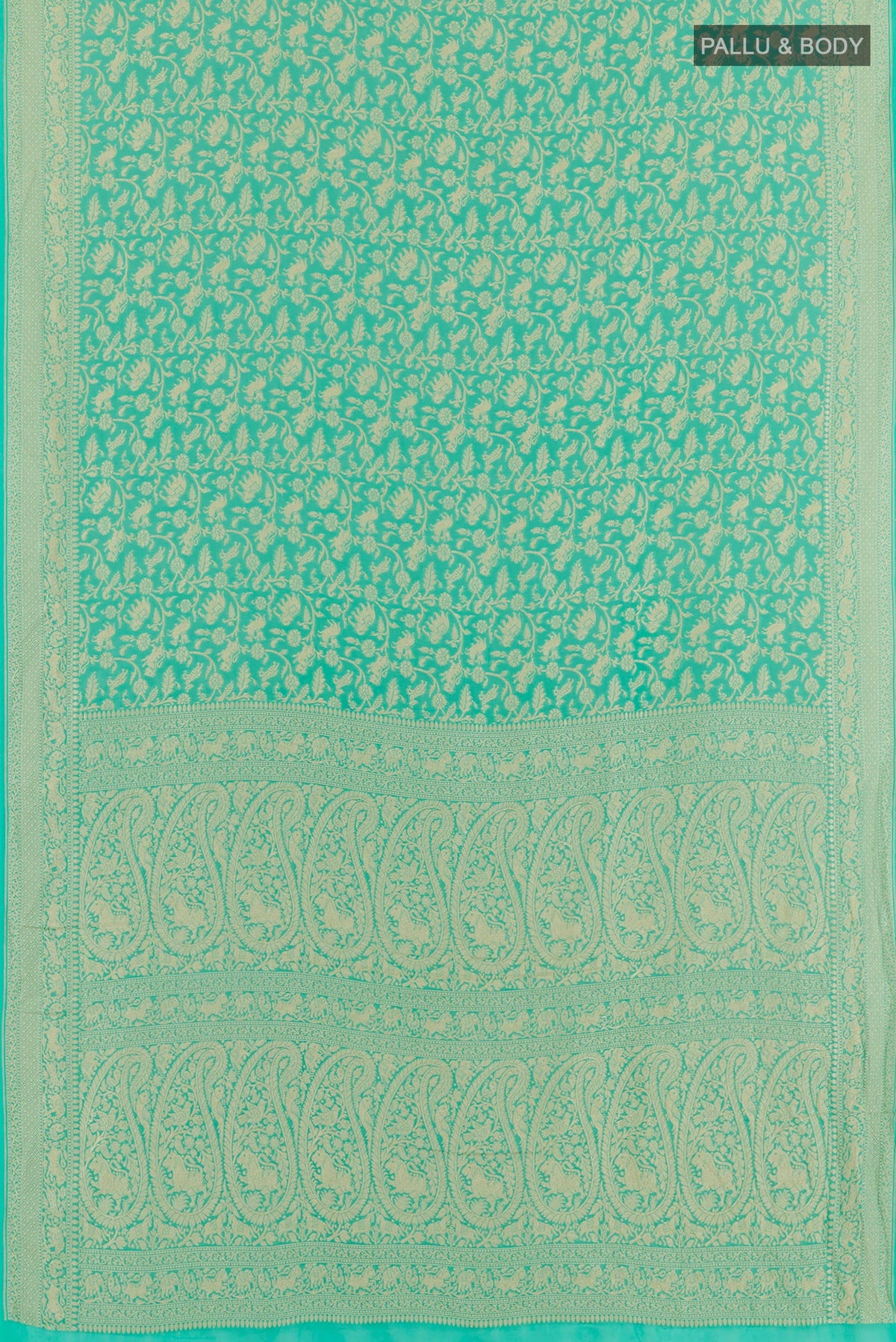 Flat view of Turquoise Banarasi Georgette Saree with Zari Brocade on the body and Zari Border. 