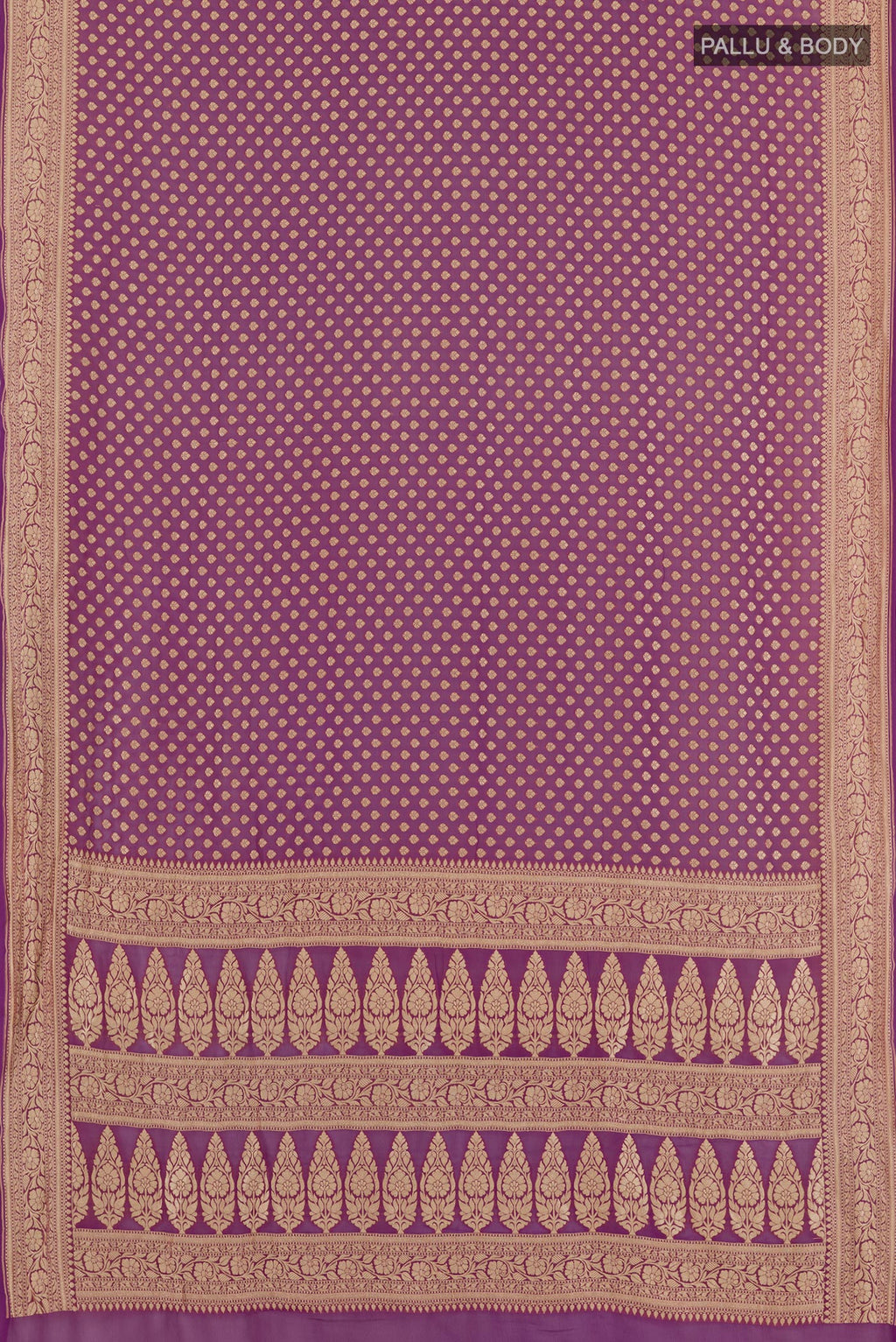 Flat view of Purple Banarasi Georgette Saree with Zari Butta on the body and Zari Border. 