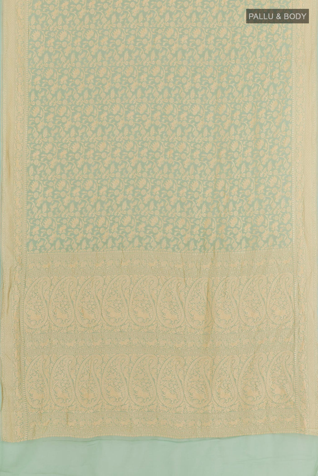 Flat view of Blue Banarasi Georgette Saree with Zari Brocade on the body and Zari Border. 