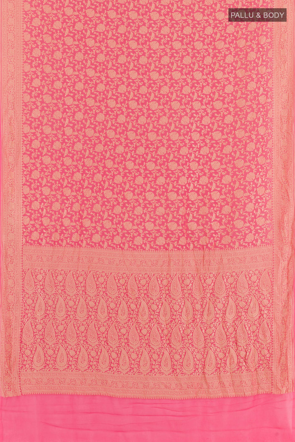Flat view of Pink Banarasi Georgette Saree with Zari Brocade on the body and Zari Border. 