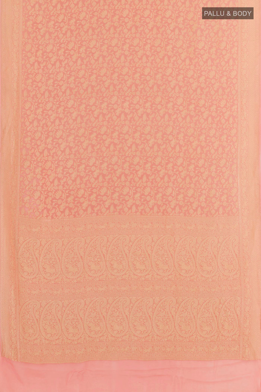 Flat view of Rose pink Banarasi Georgette Saree with Zari Brocade on the body and Zari Border. 