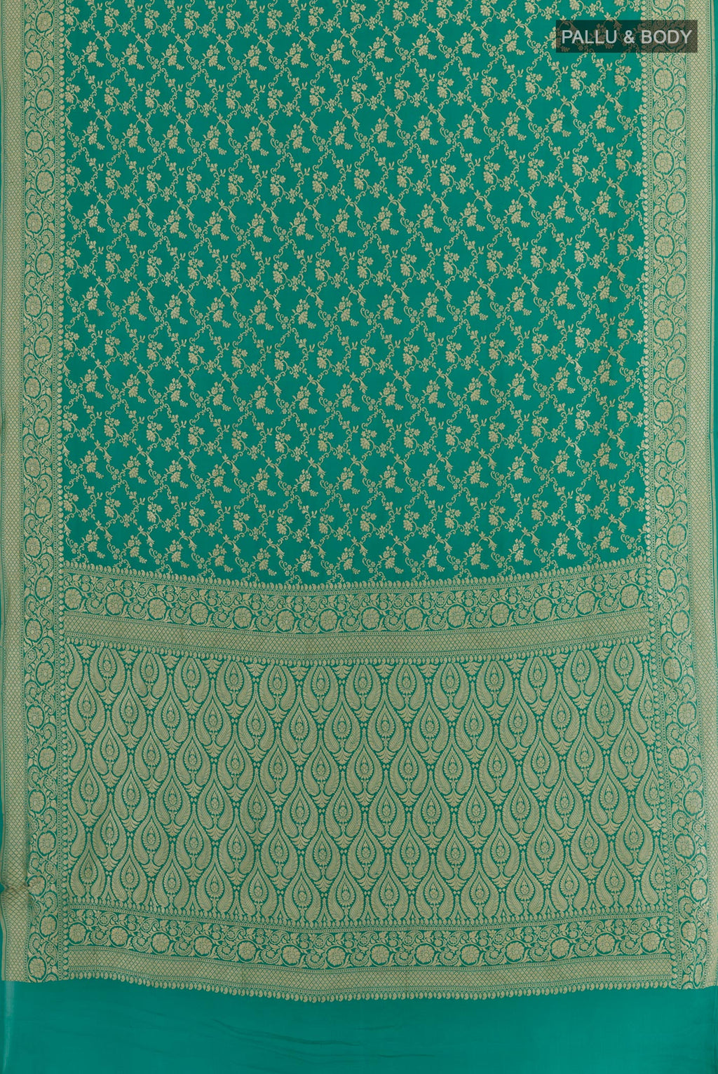 Flat view of Sea Green Banarasi Georgette Saree with Zari Brocade on the body and Zari Border. 
