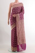 Purple Banarasi Georgette Saree with Zari Brocade on the body and Zari Border.  displayed on a mannequin