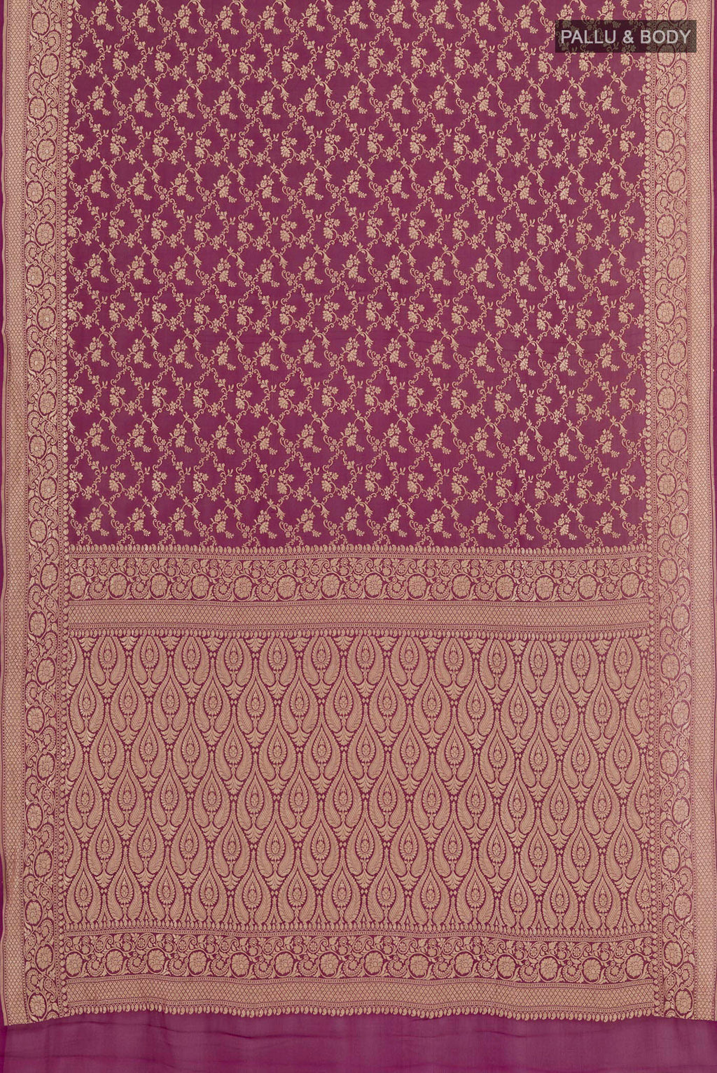 Flat view of Purple Banarasi Georgette Saree with Zari Brocade on the body and Zari Border. 