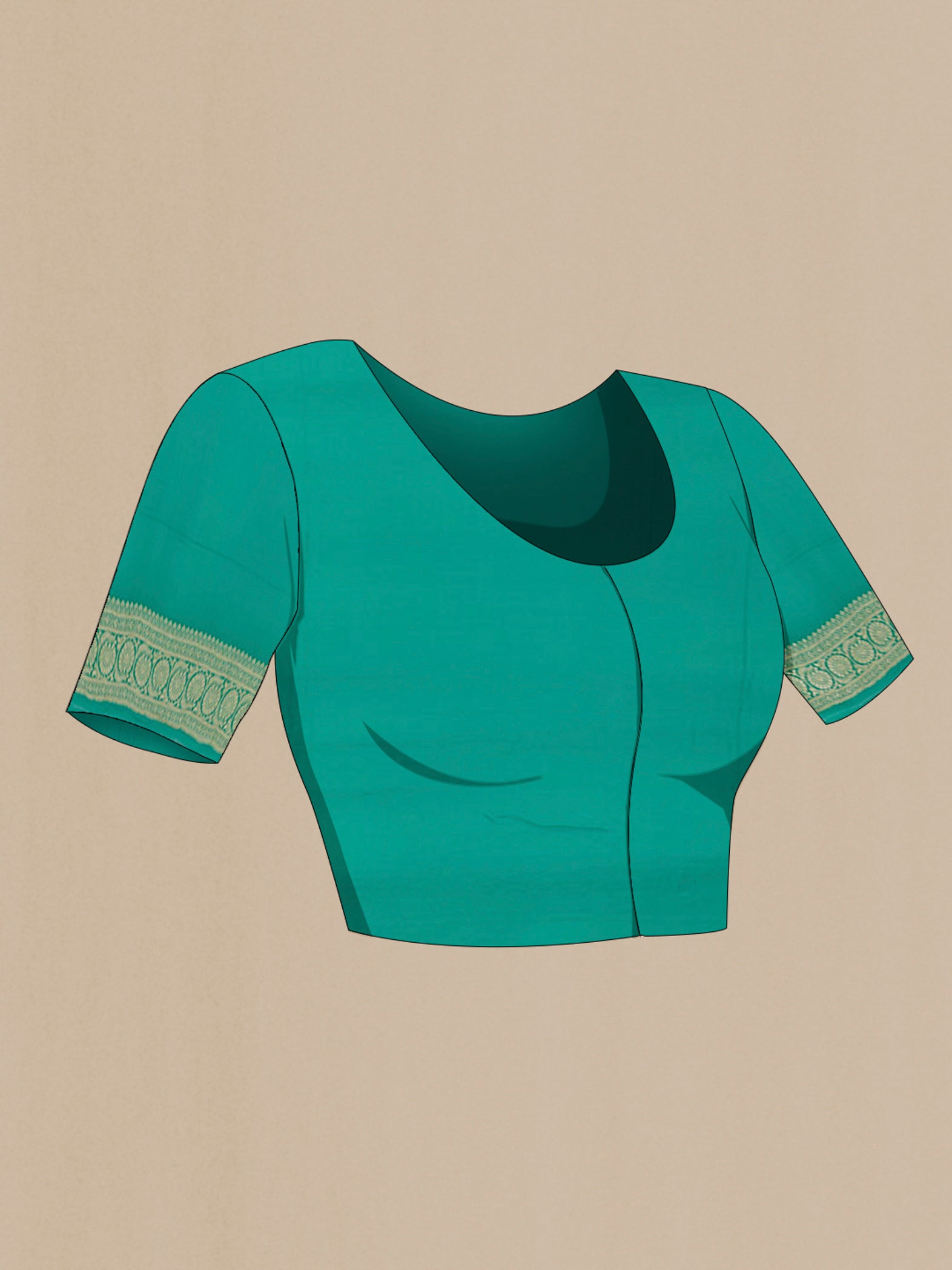 Close up image of the blouse of Sea Green Banarasi Georgette Saree with Zari Butta on the body and Zari Border. 