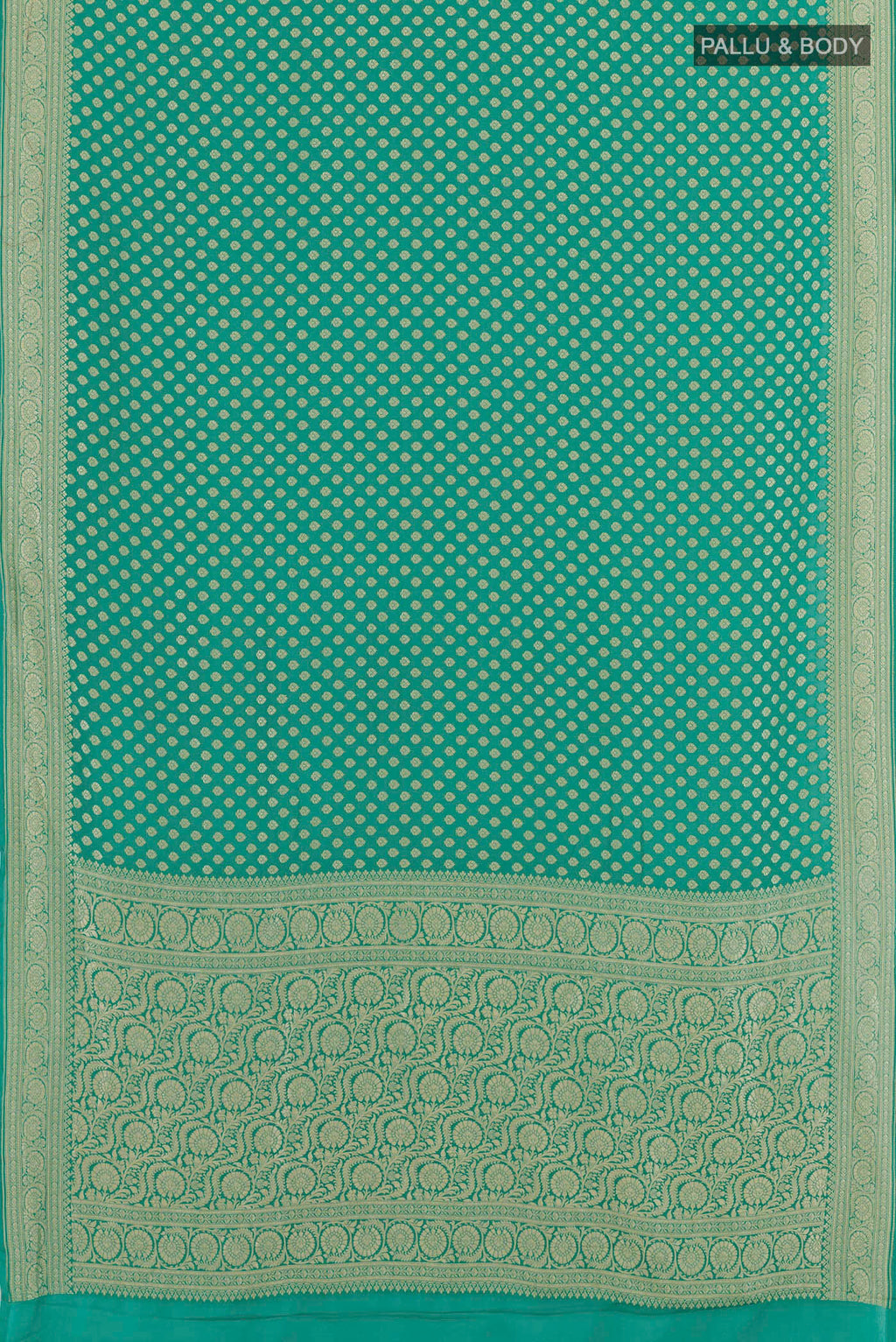 Flat view of Sea Green Banarasi Georgette Saree with Zari Butta on the body and Zari Border. 