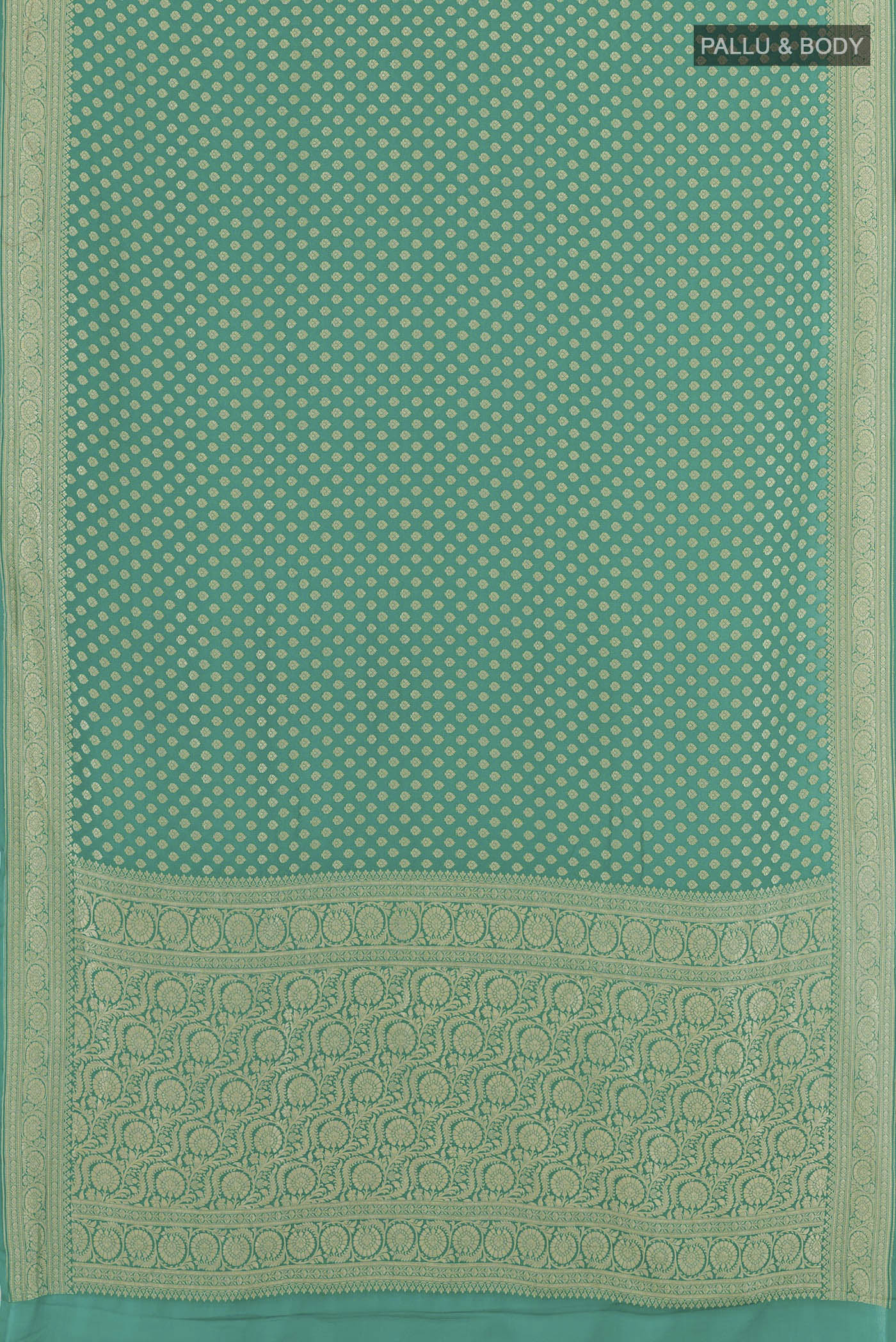 Flat view of Sea Green Banarasi Georgette Saree with Zari Butta on the body and Zari Border. 