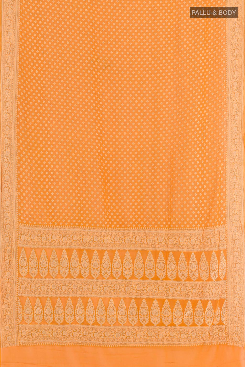 Flat view of Yellow Banarasi Georgette Saree with Zari Butta on the body and Zari Border. 
