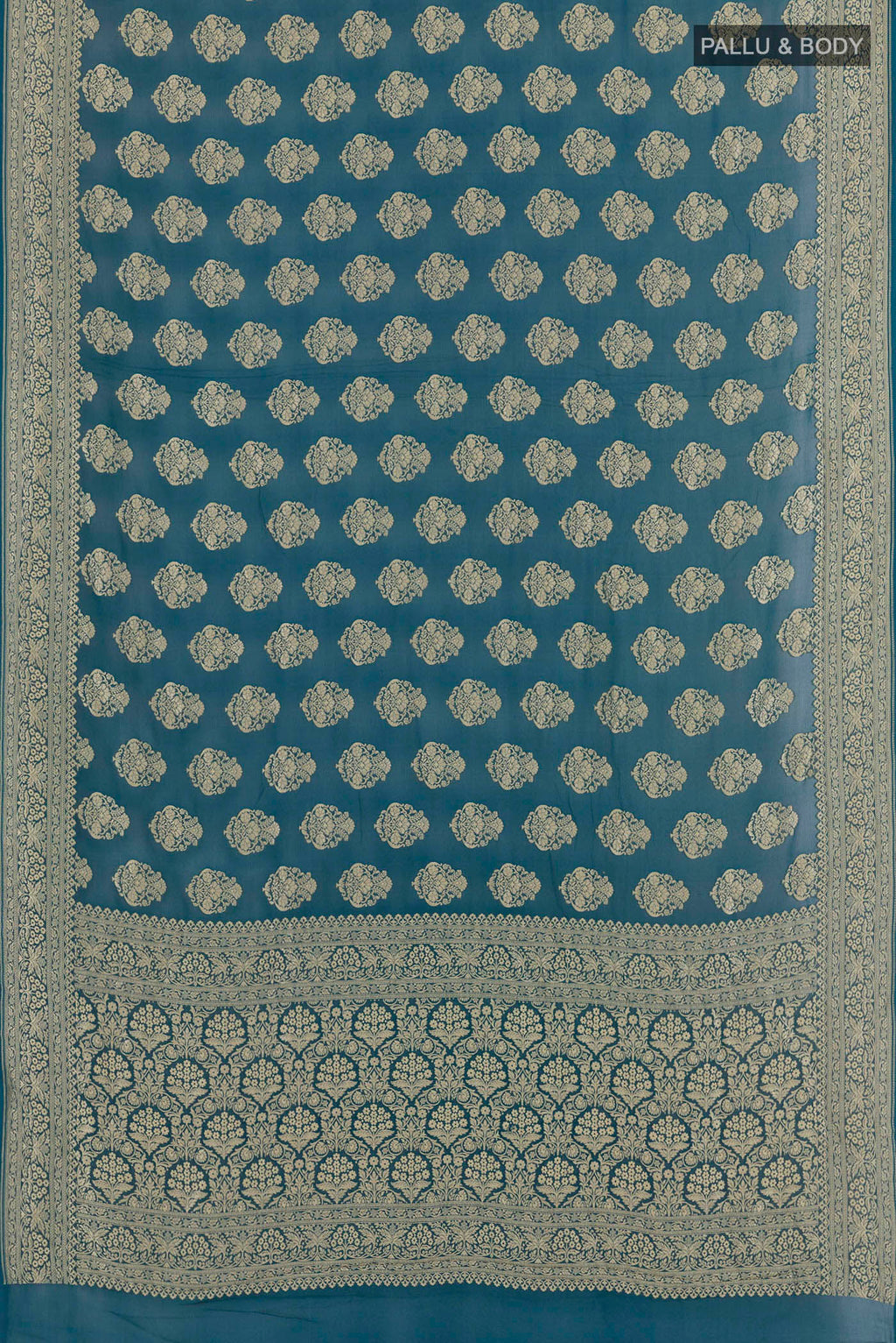 Flat view of Blue Banarasi Georgette Saree with Zari Butta on the body and Zari Border. 