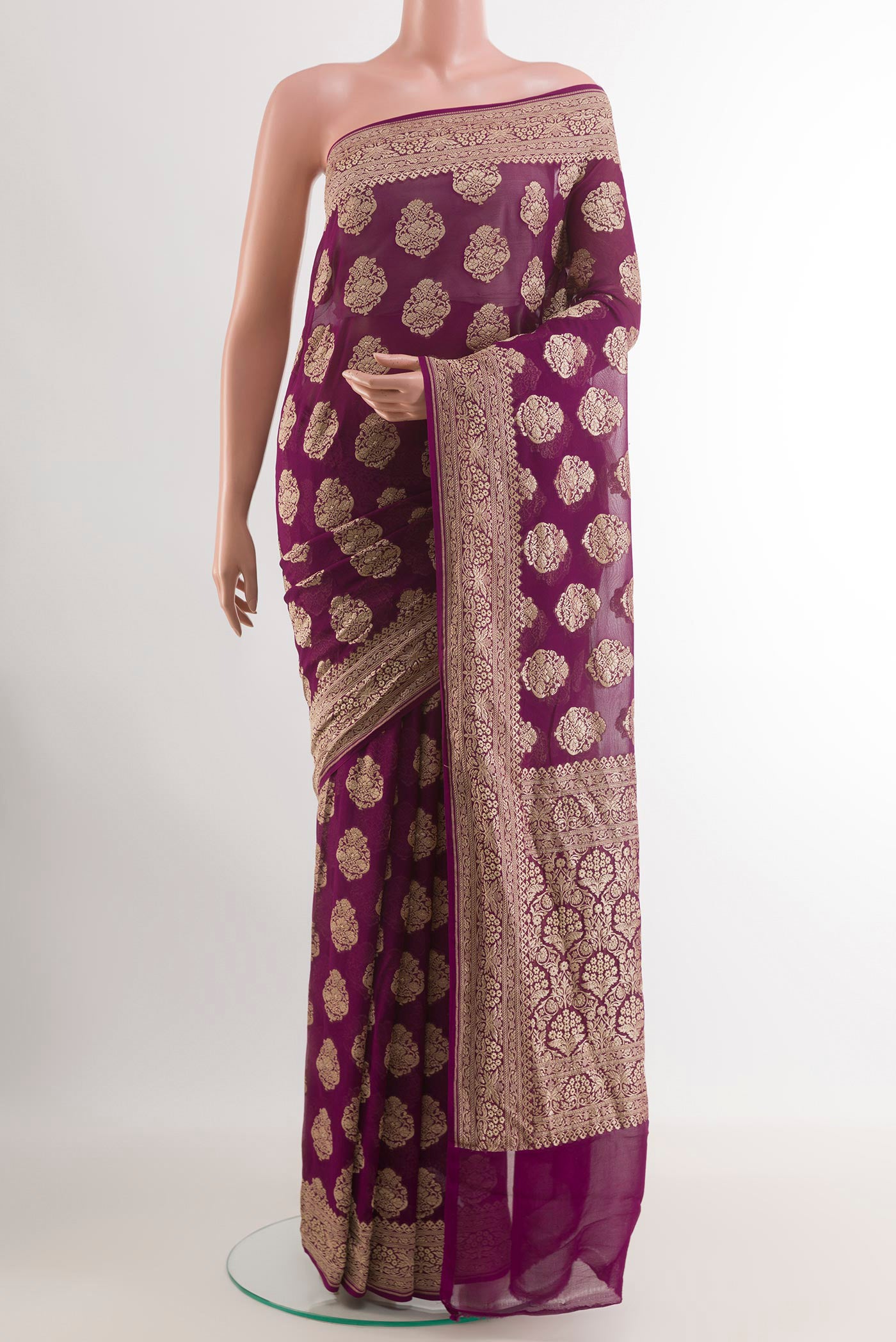 Purple Banarasi Georgette Saree with Zari Brocade on the body and Zari Border.  displayed on a mannequin