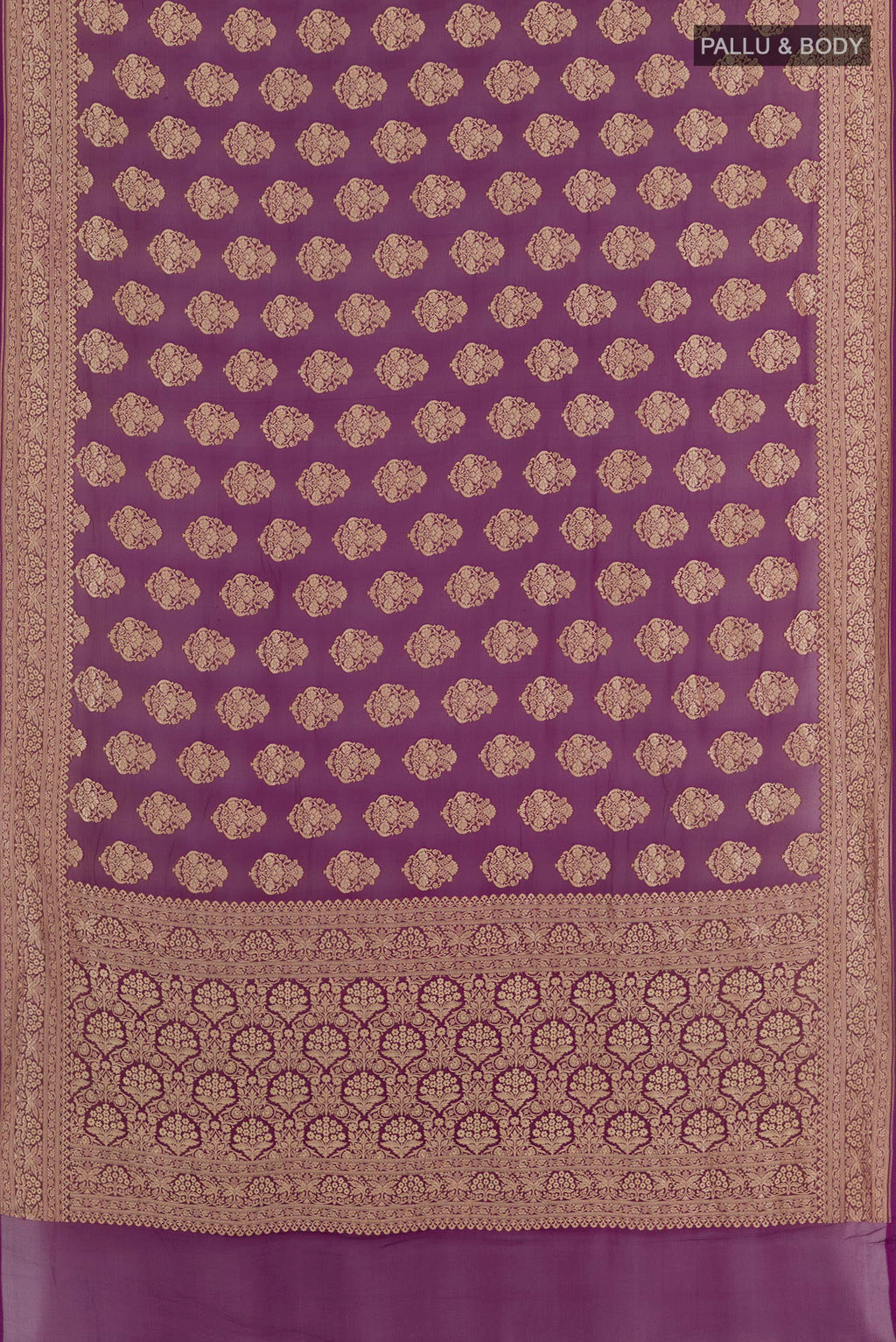 Flat view of Purple Banarasi Georgette Saree with Zari Brocade on the body and Zari Border. 