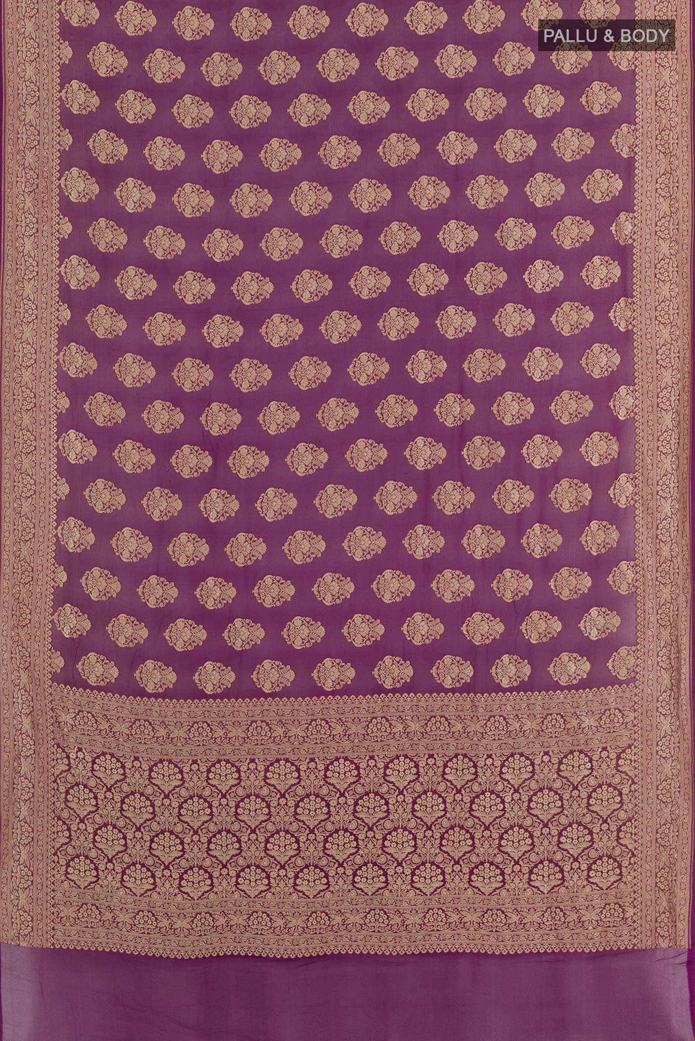 Flat view of Purple Banarasi Georgette Saree with Zari Brocade on the body and Zari Border. 
