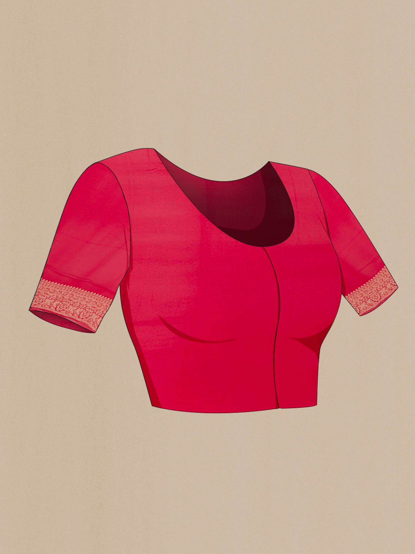 Close up image of the blouse of Red Banarasi Georgette Saree with Zari Butta on the body and Zari Border. 
