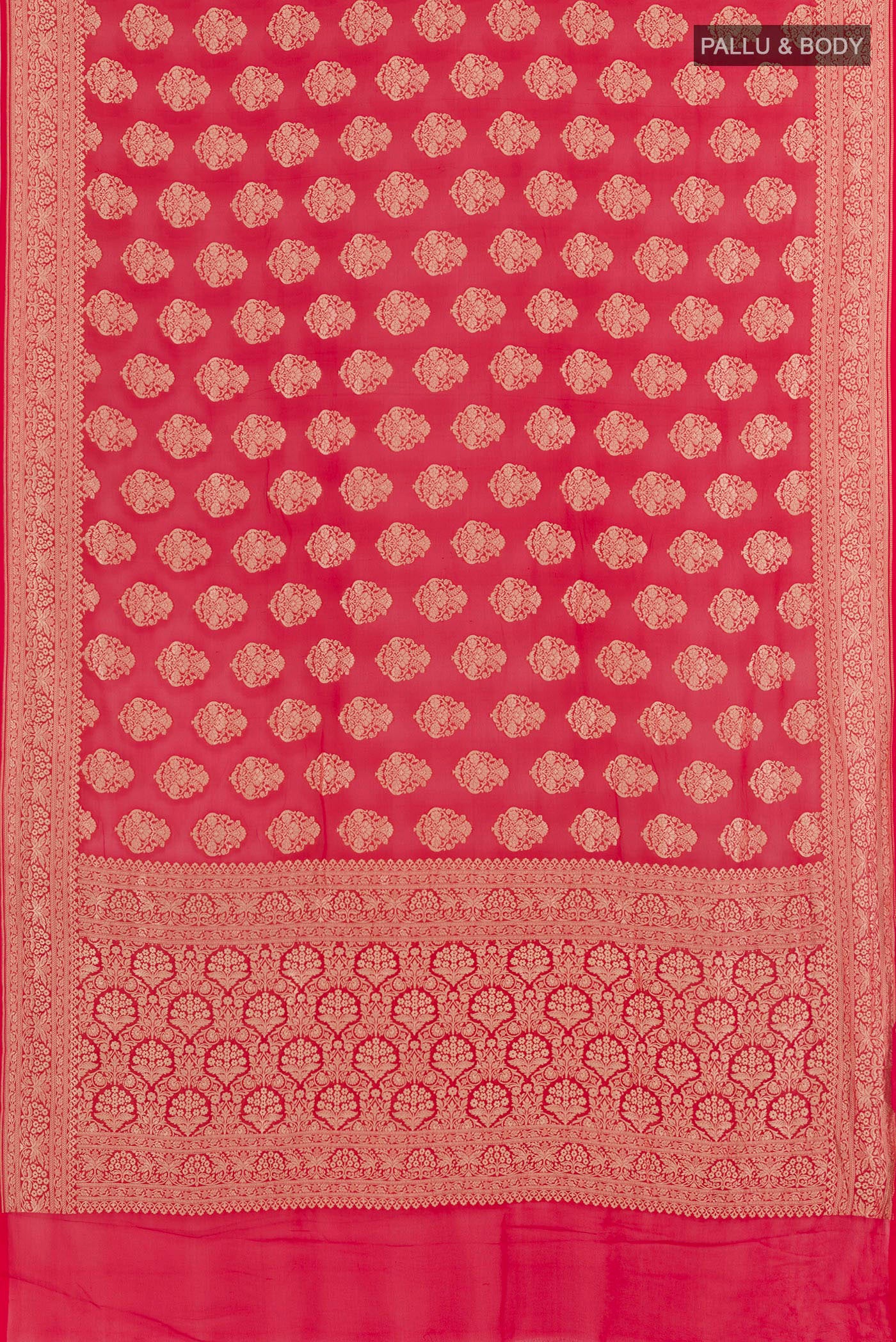 Flat view of Red Banarasi Georgette Saree with Zari Butta on the body and Zari Border. 