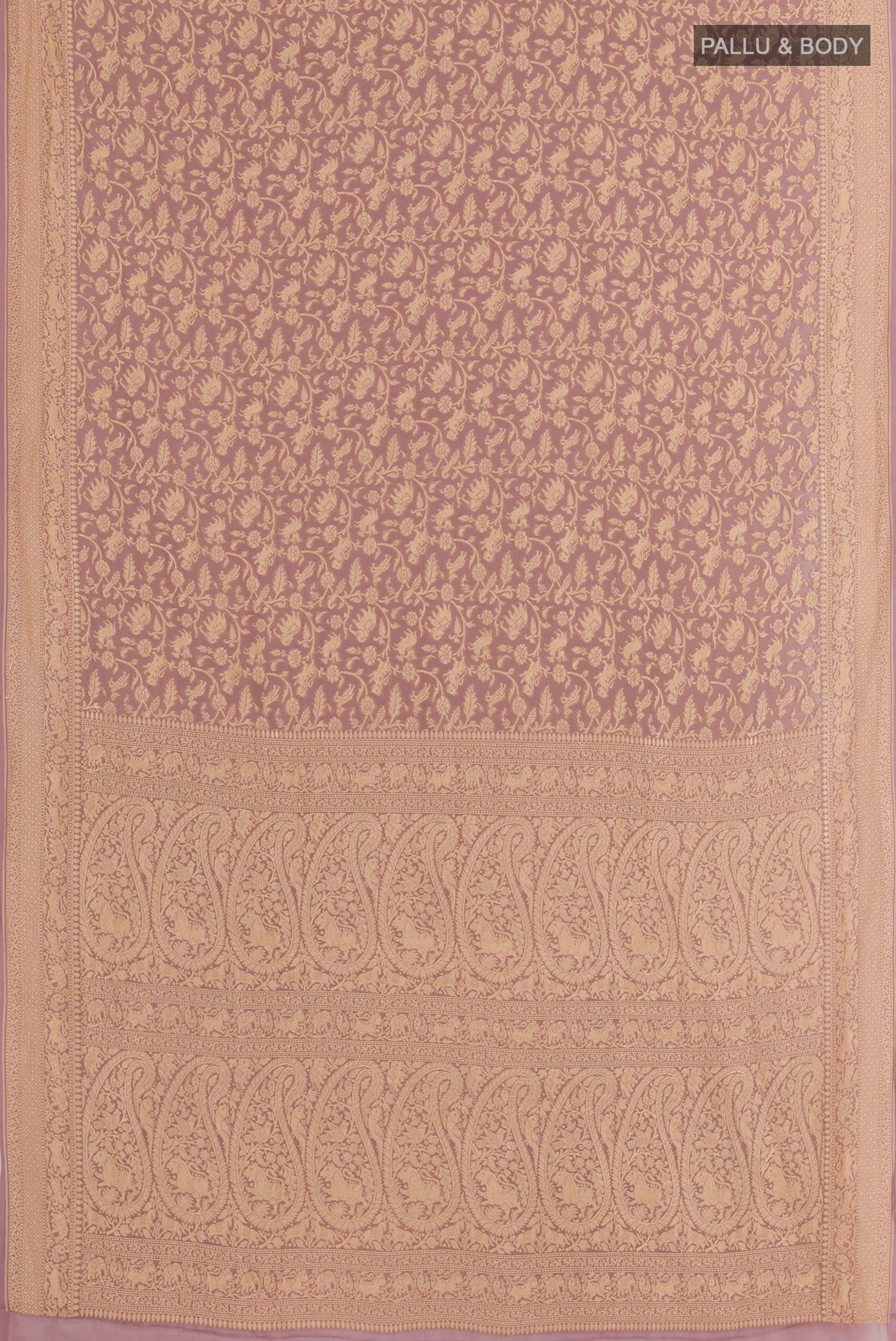 Flat view of Lavender Banarasi Georgette Saree with Zari Brocade on the body and Zari Border. 