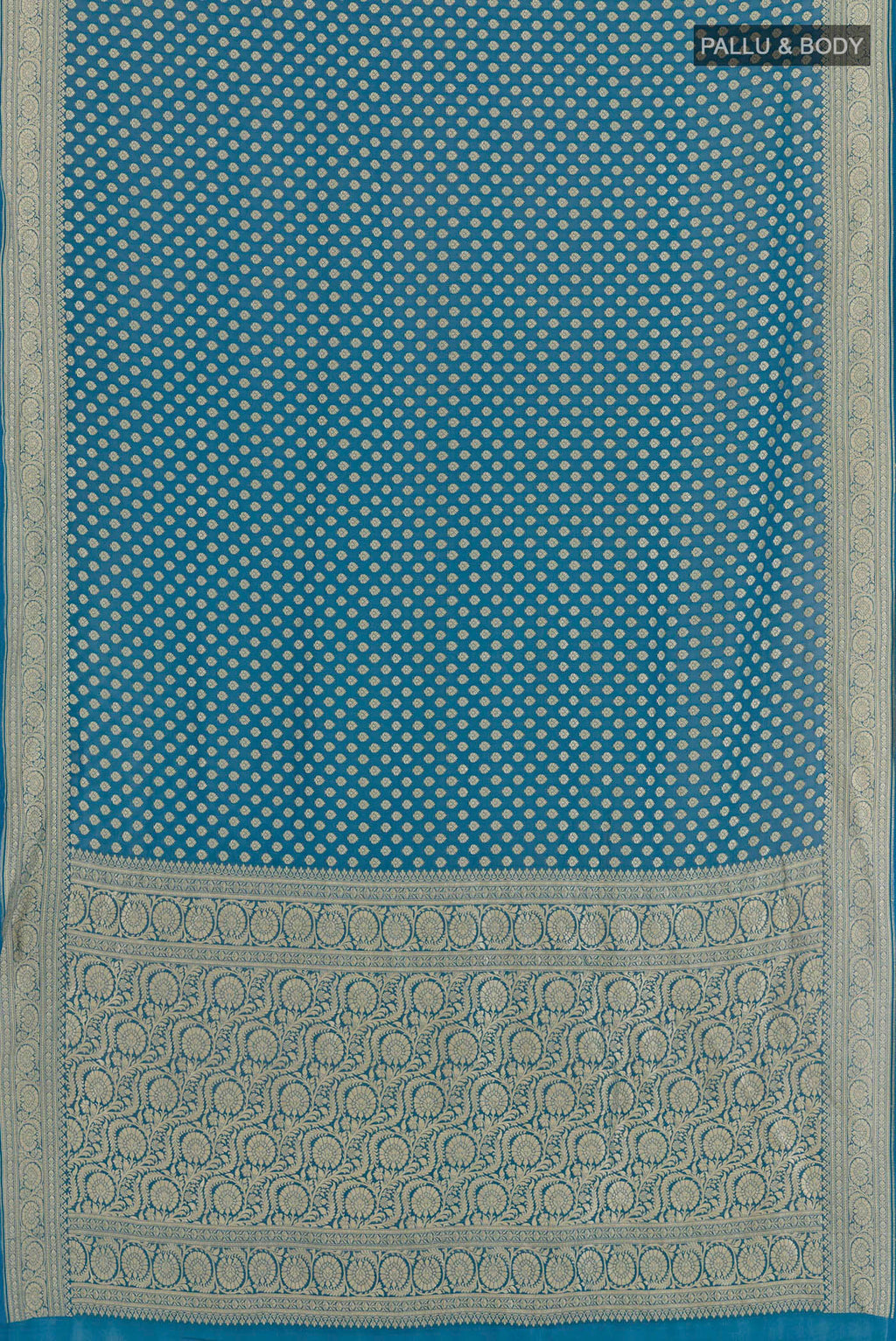 Flat view of Blue Banarasi Georgette Saree with Zari Butta on the body and Zari Border. 