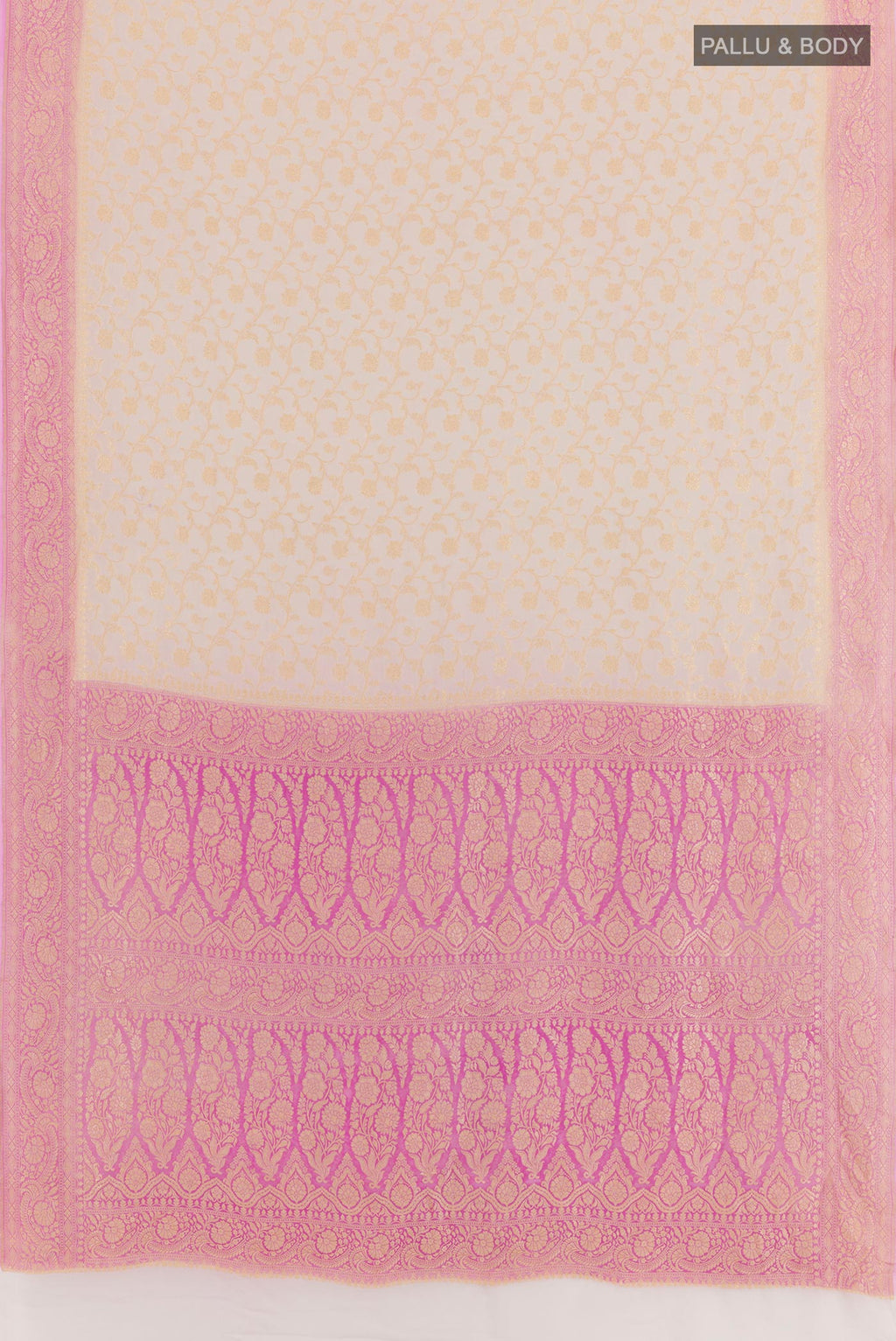 Flat view of Pink Banarasi Georgette Saree with Zari Brocade on the body and Zari Border. 