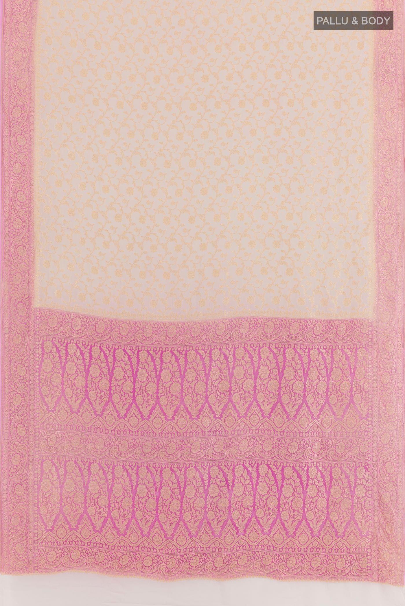 Flat view of Pink Banarasi Georgette Saree with Zari Brocade on the body and Zari Border. 