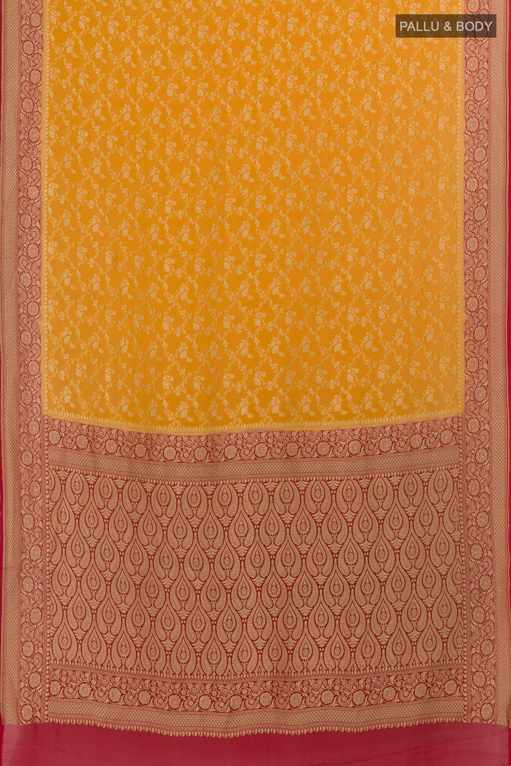 Flat view of Yellow Banarasi Georgette Saree with Zari Brocade on the body and Zari Border. 