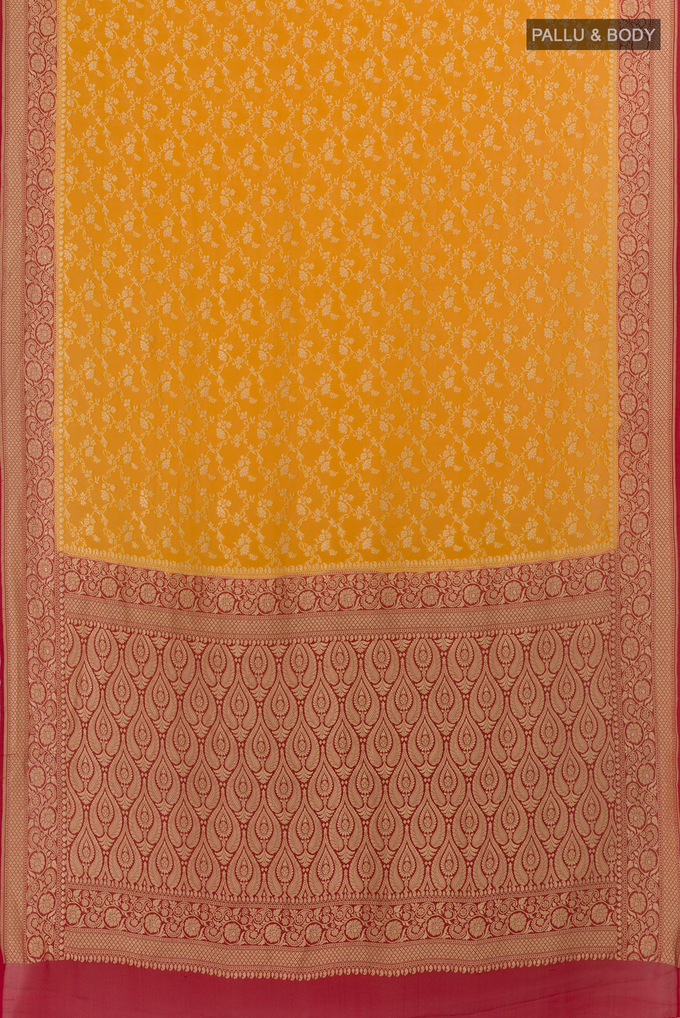 Flat view of Yellow Banarasi Georgette Saree with Zari Brocade on the body and Zari Border. 