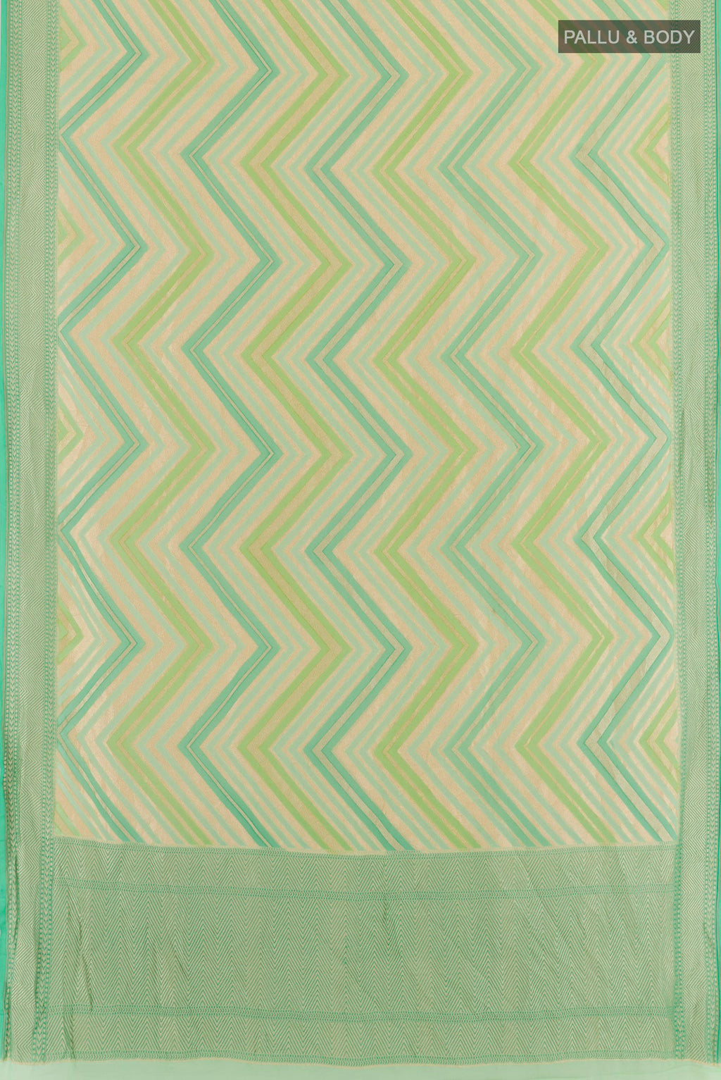 Flat view of Green Banarasi Georgette Saree with Zari Brocade on the body and Zari Border. 